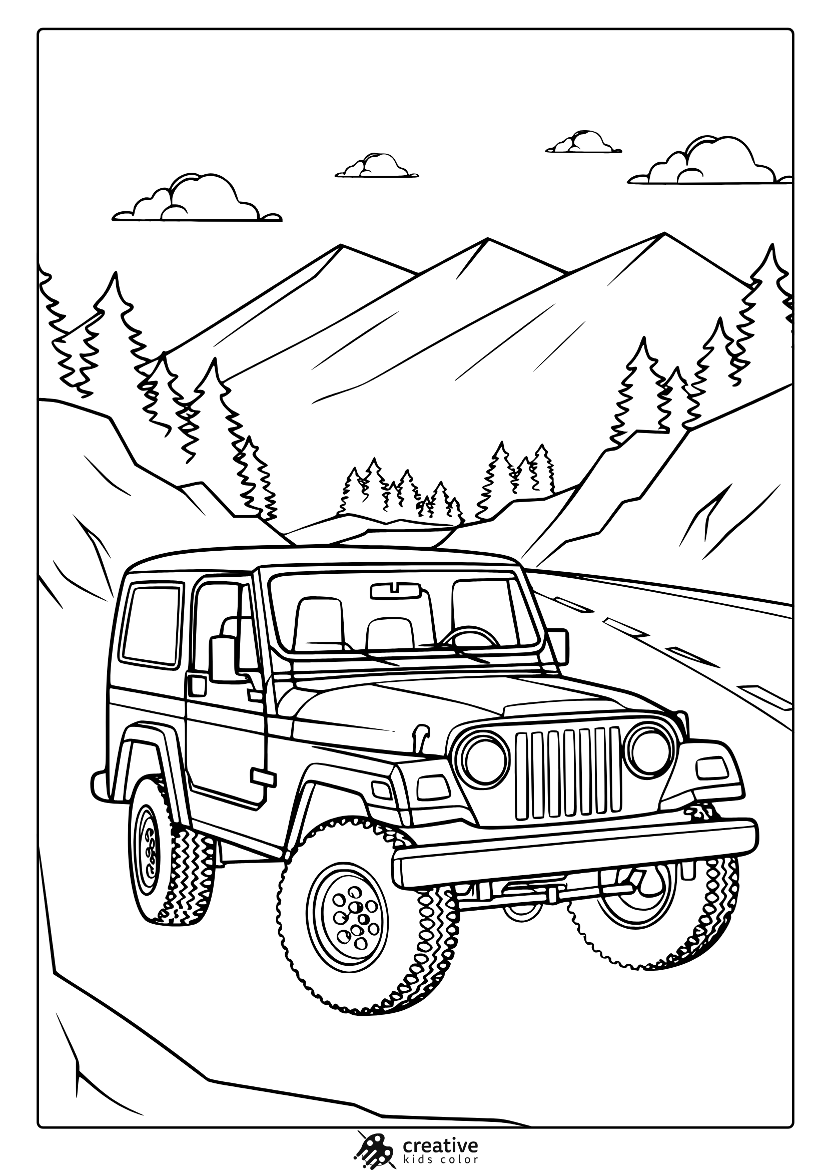 A Jeep On A Mountainous Terrain With Pine Trees, A Great Jeep Car Coloring Page.