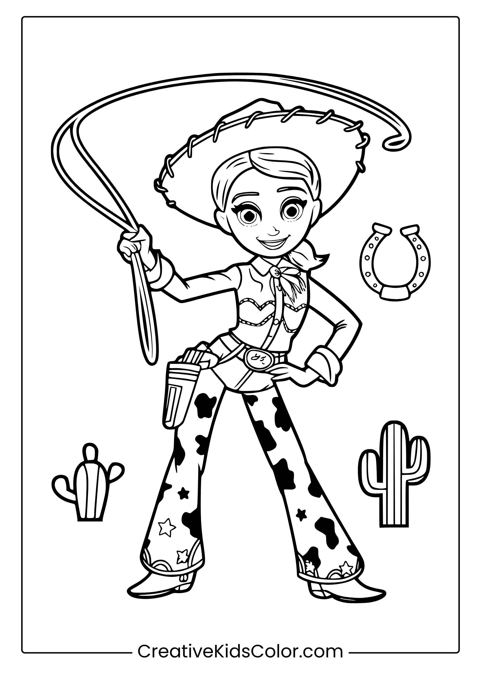 A Jessie Toy Story Coloring Page Featuring The Cowgirl With A Lasso, Cacti, And A Horseshoe In A Desert Scene.