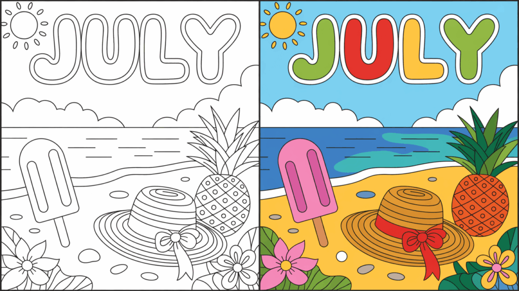 July Coloring Page Cover, Left Side Black And White, Right Side Colored In A Fun, Nature Filled Scene.