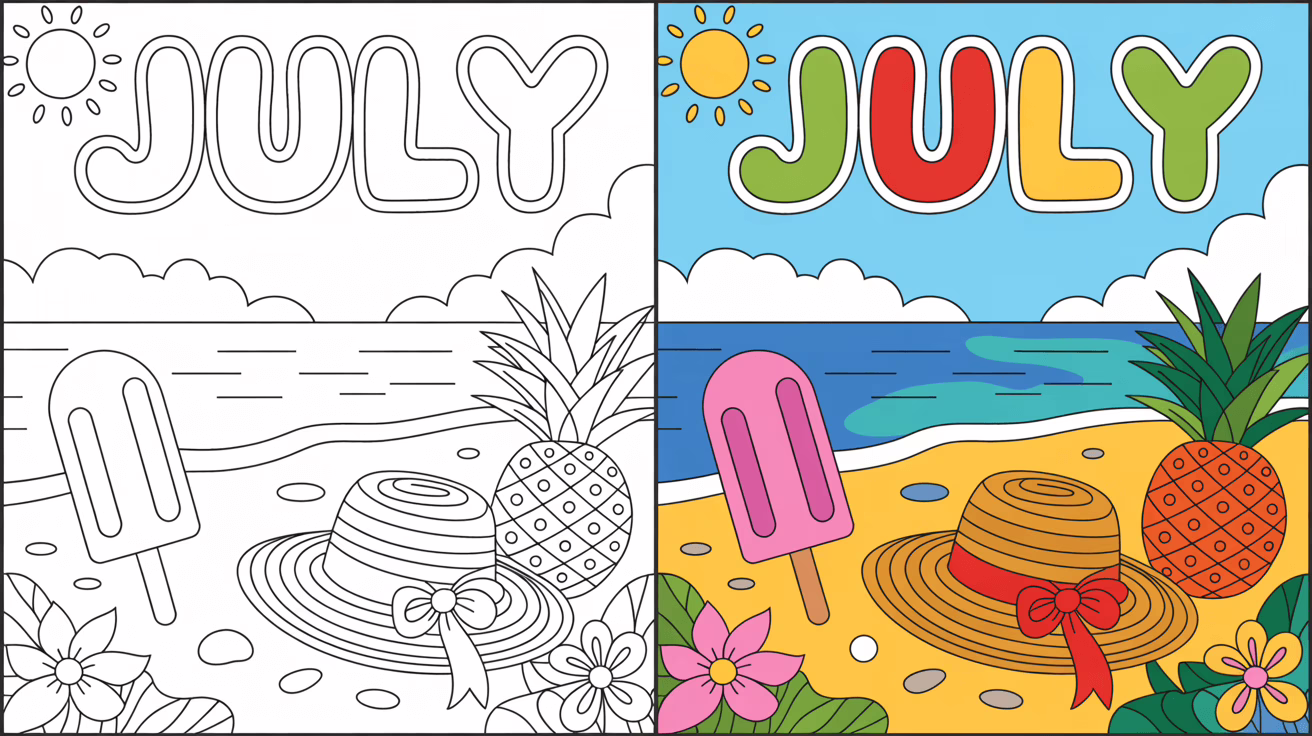 July Coloring Page Cover, Left Side Black And White, Right Side Colored In A Fun, Nature Filled Scene.