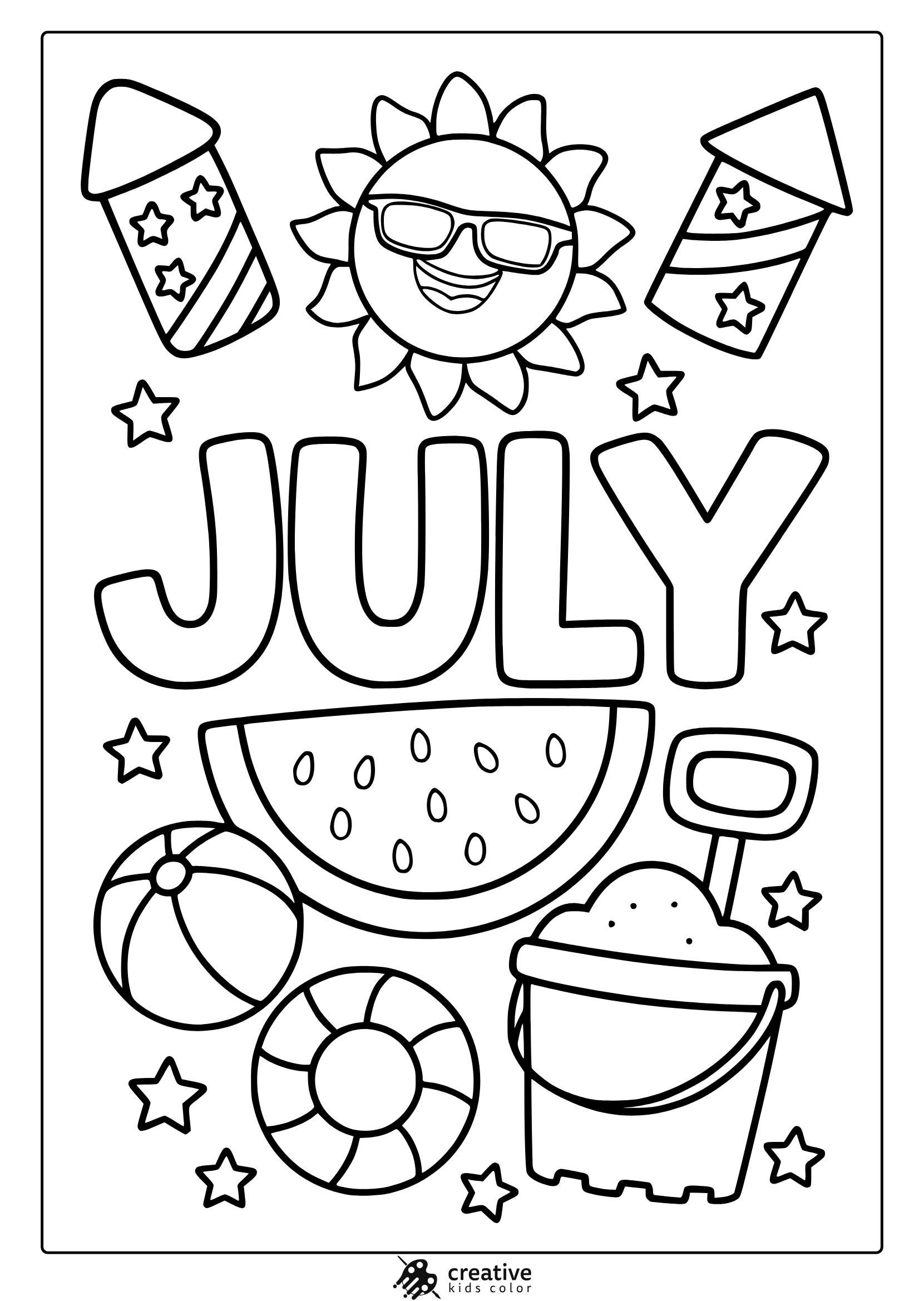 Coloring Page With July Text, Sun, Fireworks, And Beach Items For A Bright Summer Scene.