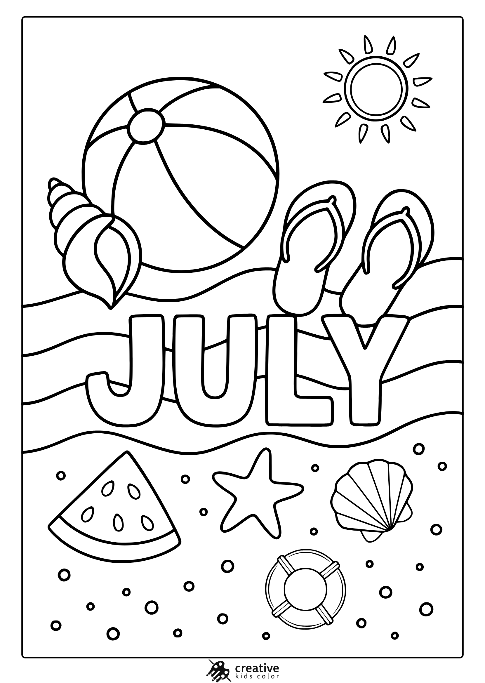 Coloring Page With July Beach Elements Including Ball, Flip-Flops, Seashells, And Watermelon.