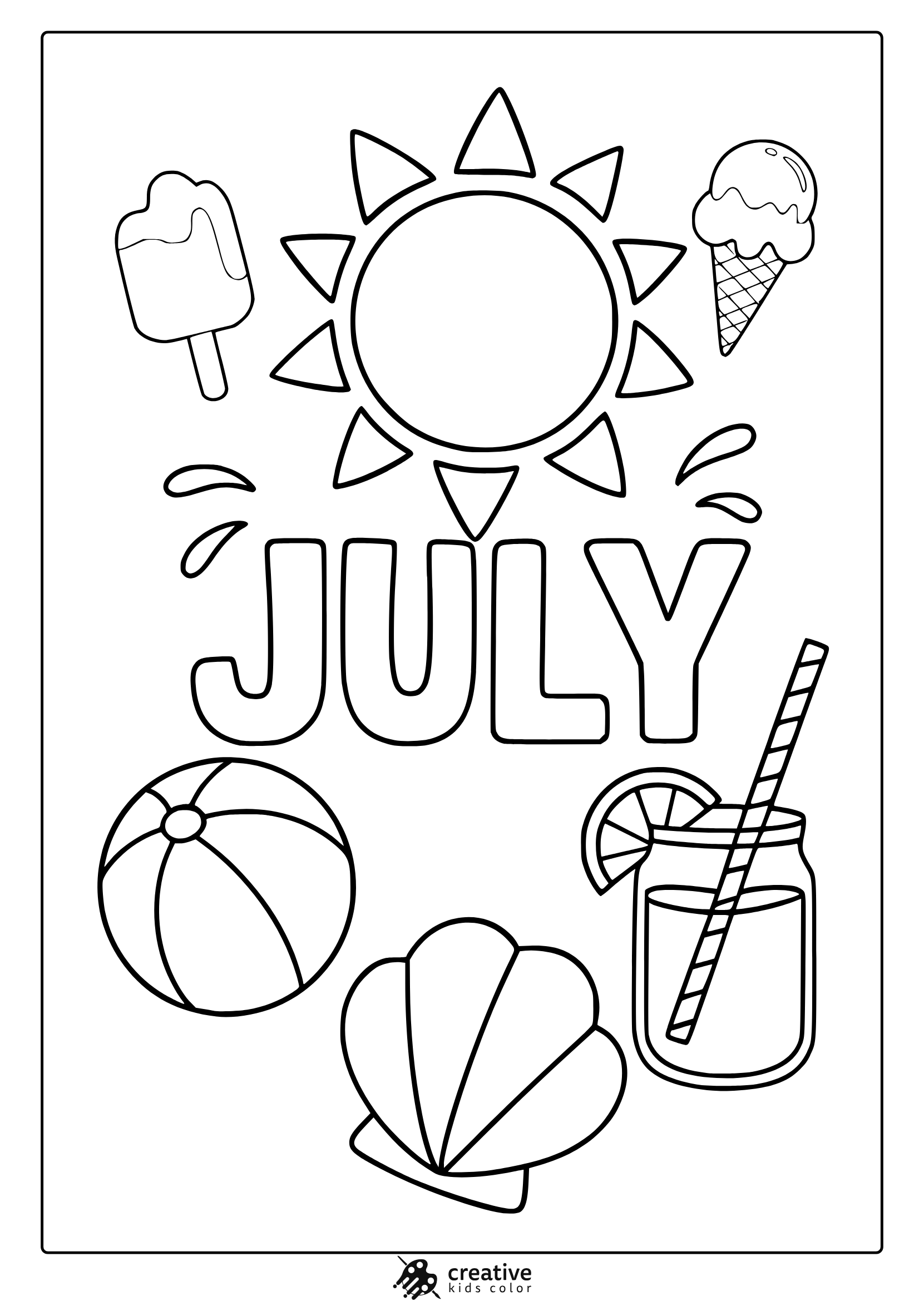 July Coloring Page With Sun, Popsicle, Ice Cream, And Beach Items In A Clean Summer Style.
