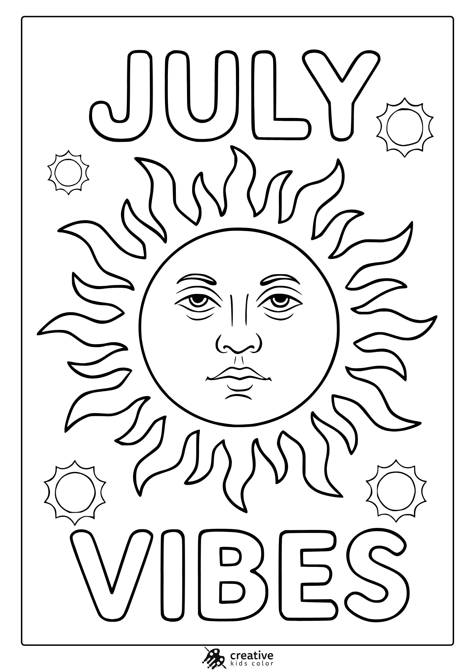 &Quot;July Vibes&Quot; Coloring Page With Smiling Sun And Decorative Rays For A Fun Seasonal Mood.