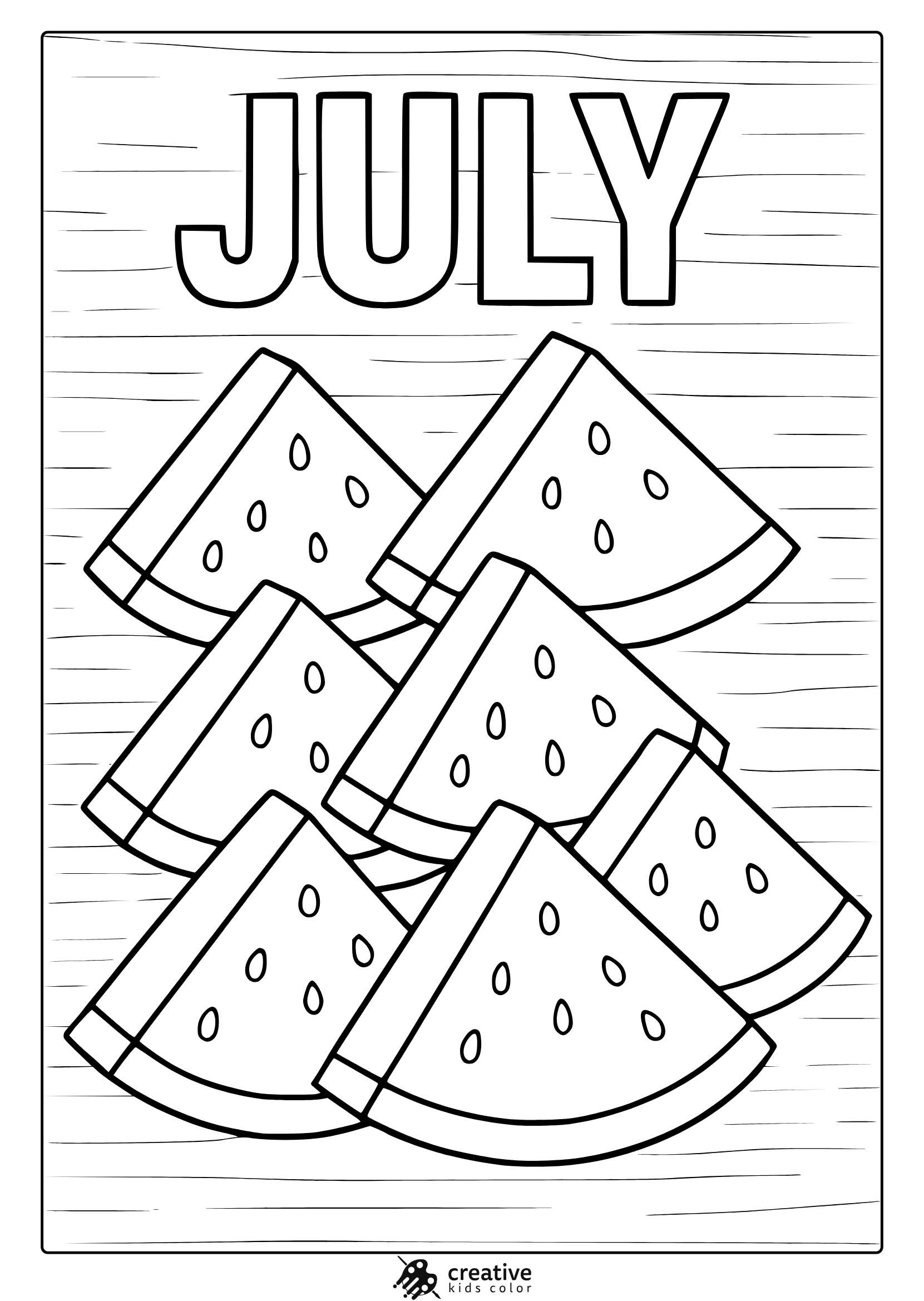 Watermelon-Themed July Coloring Page With Sliced Fruits And Bold Letters For Summer Fun.