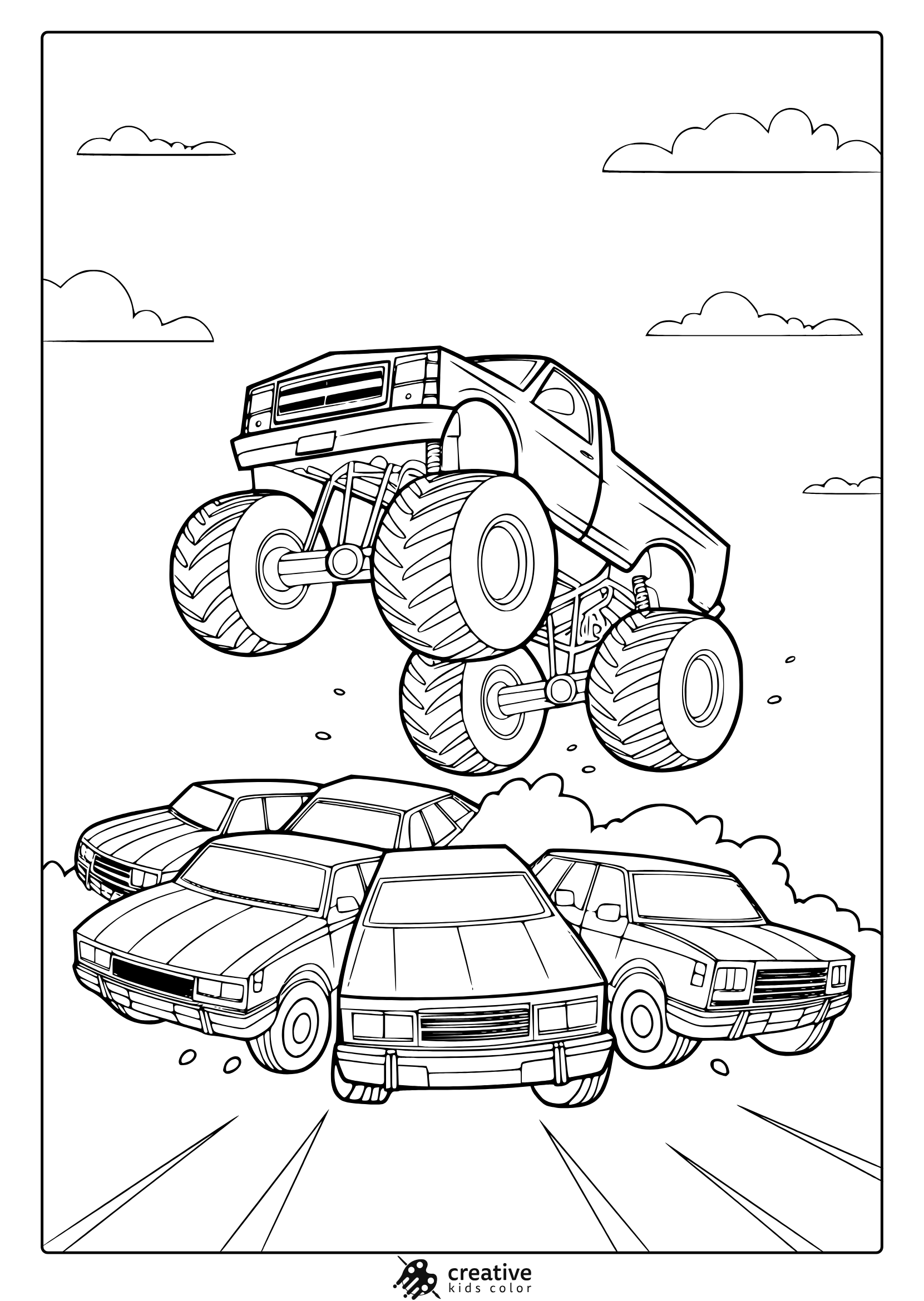 Jumping Monster Truck Over Crushed Cars, Thrilling And Powerful Mid Air Scene On A Coloring Page.