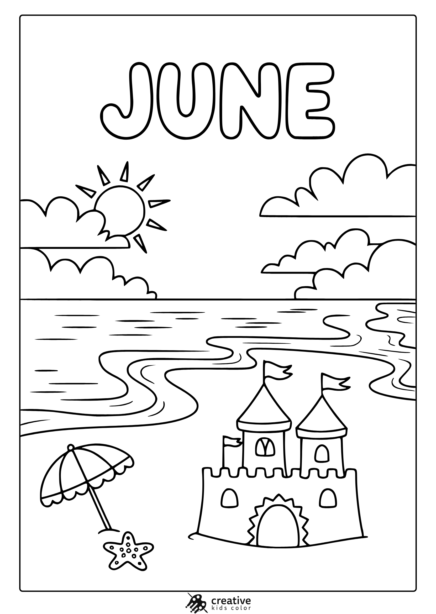 Coloring Page With A Sandcastle, Umbrella, Sun, And &Quot;June&Quot; Text In A Fun Beach-Themed Design.