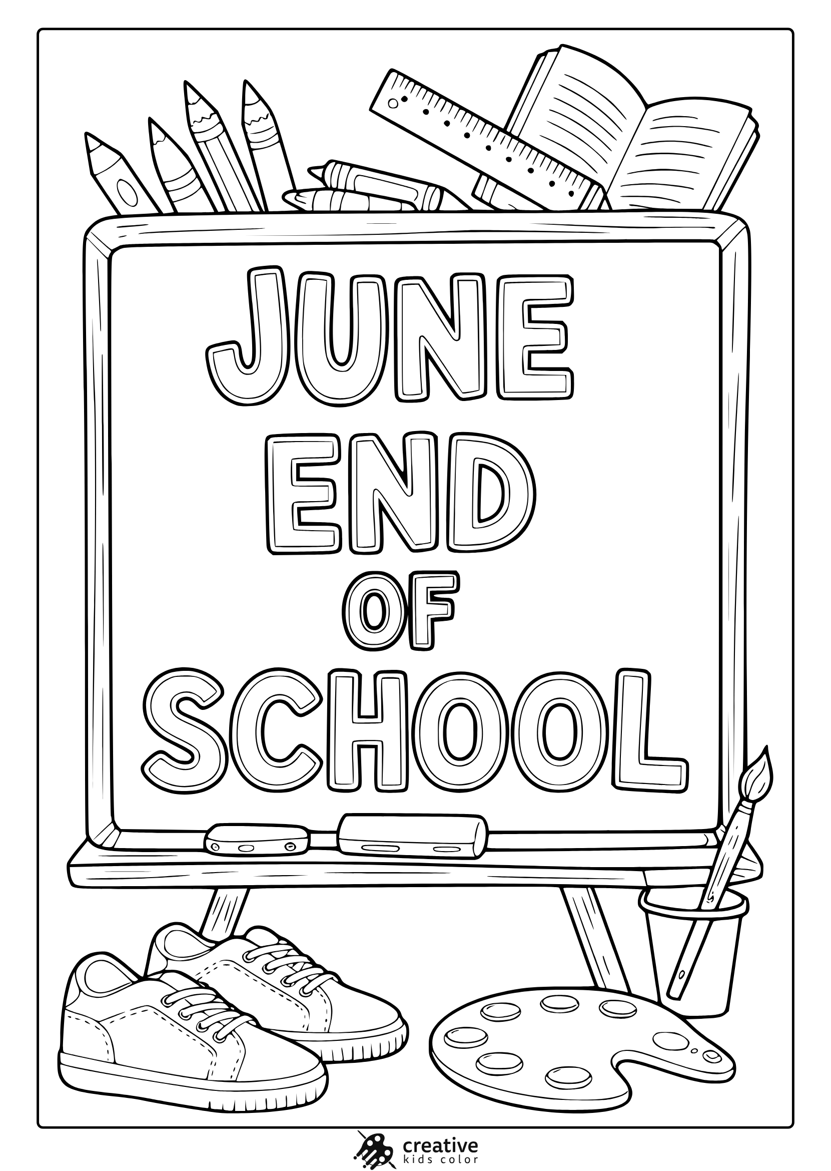 School-Themed Coloring Page With Chalkboard, Sneakers, Pencils, And &Quot;June End Of School&Quot; Text.