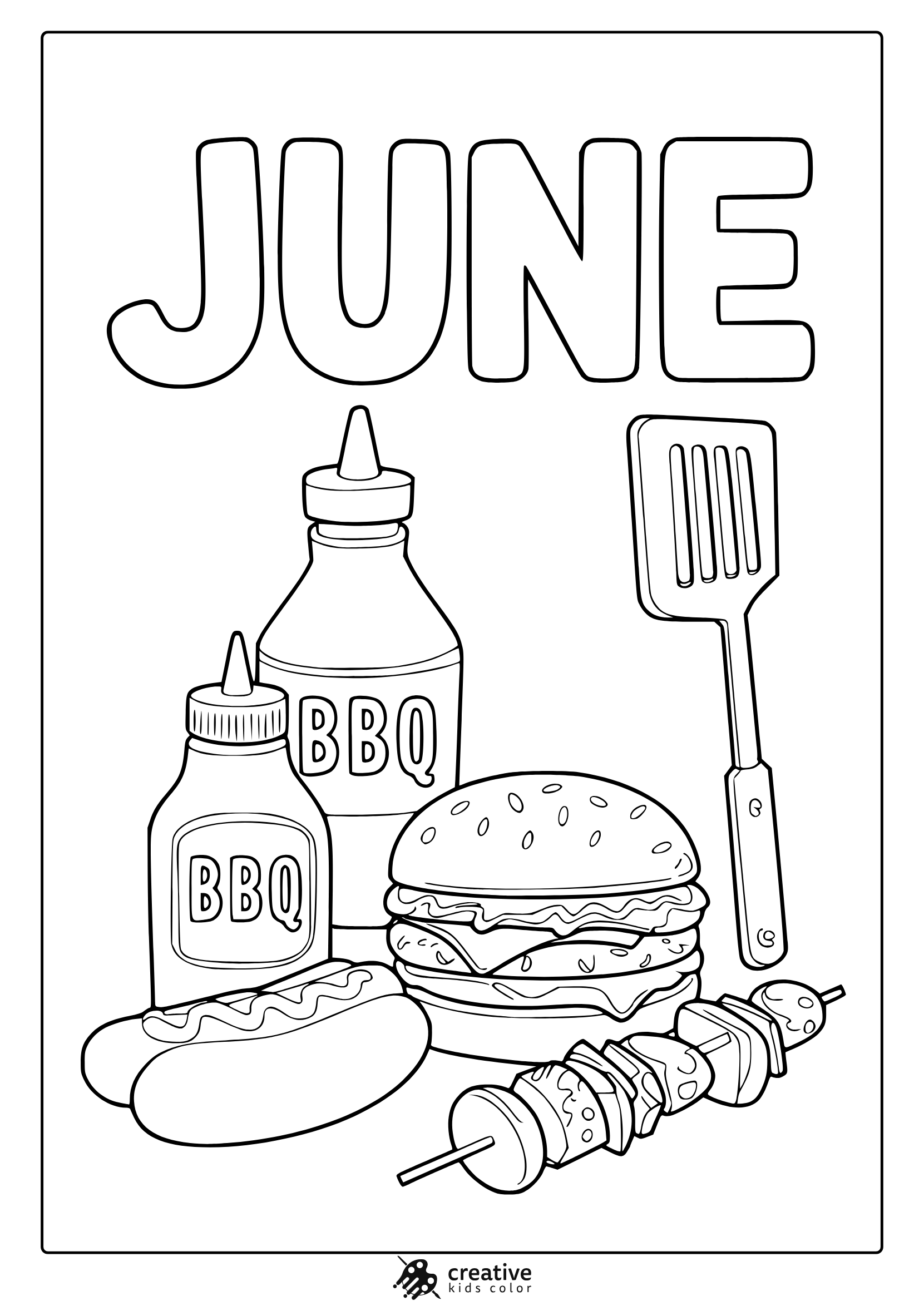 Coloring Page With &Quot;June&Quot; Text, Hot Dog, Burger, Bbq Bottles, And Grill-Themed Summer Items.