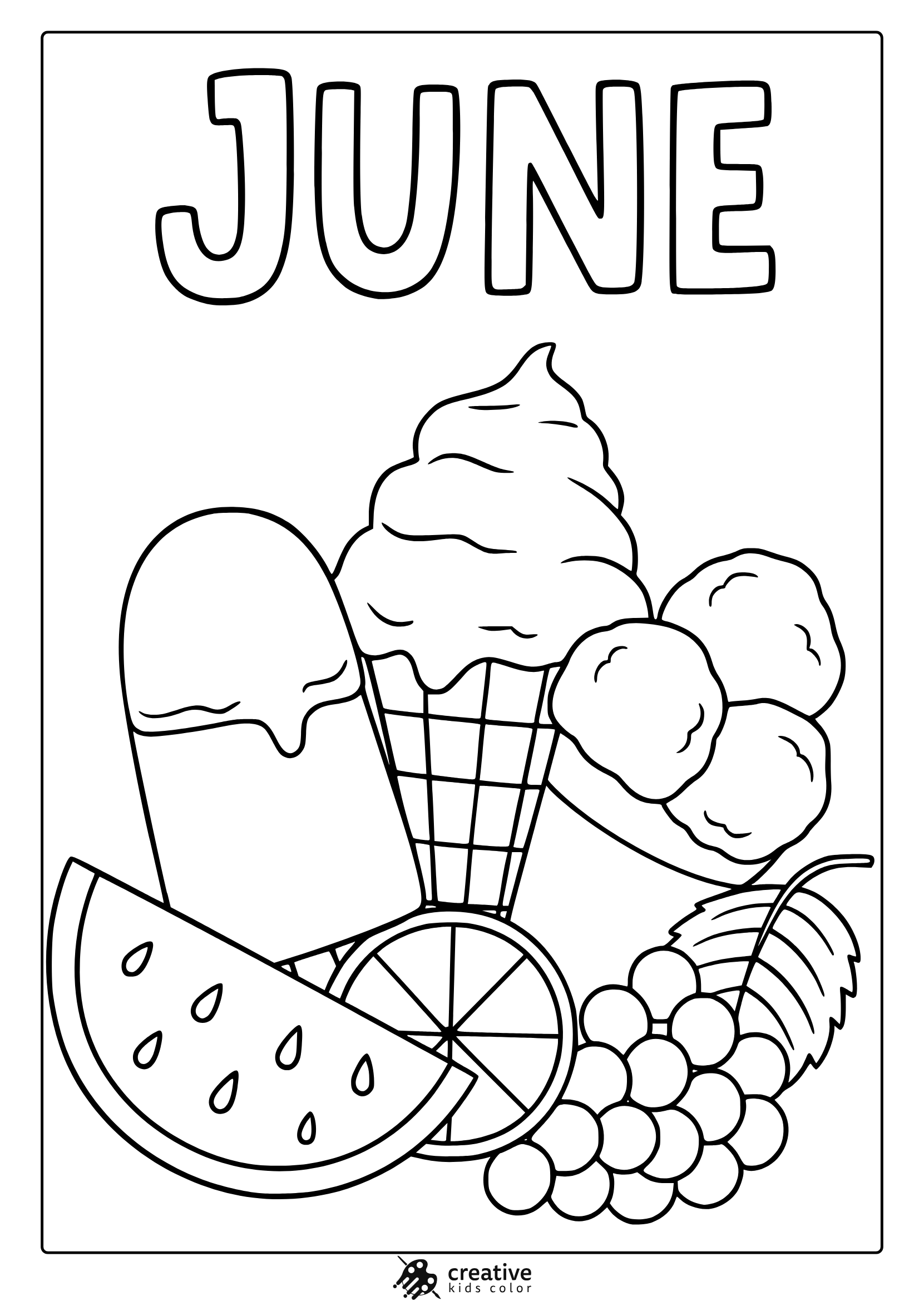 Coloring Page With &Quot;June&Quot; Text, Ice Cream, Watermelon, Grapes, And Citrus Fruit Elements.