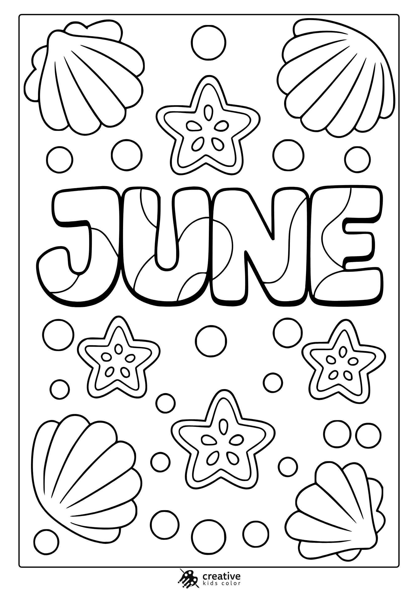 Coloring Page With &Quot;June&Quot; Text, Seashells, Starfish, And Bubbles In A Summer Beach Layout.