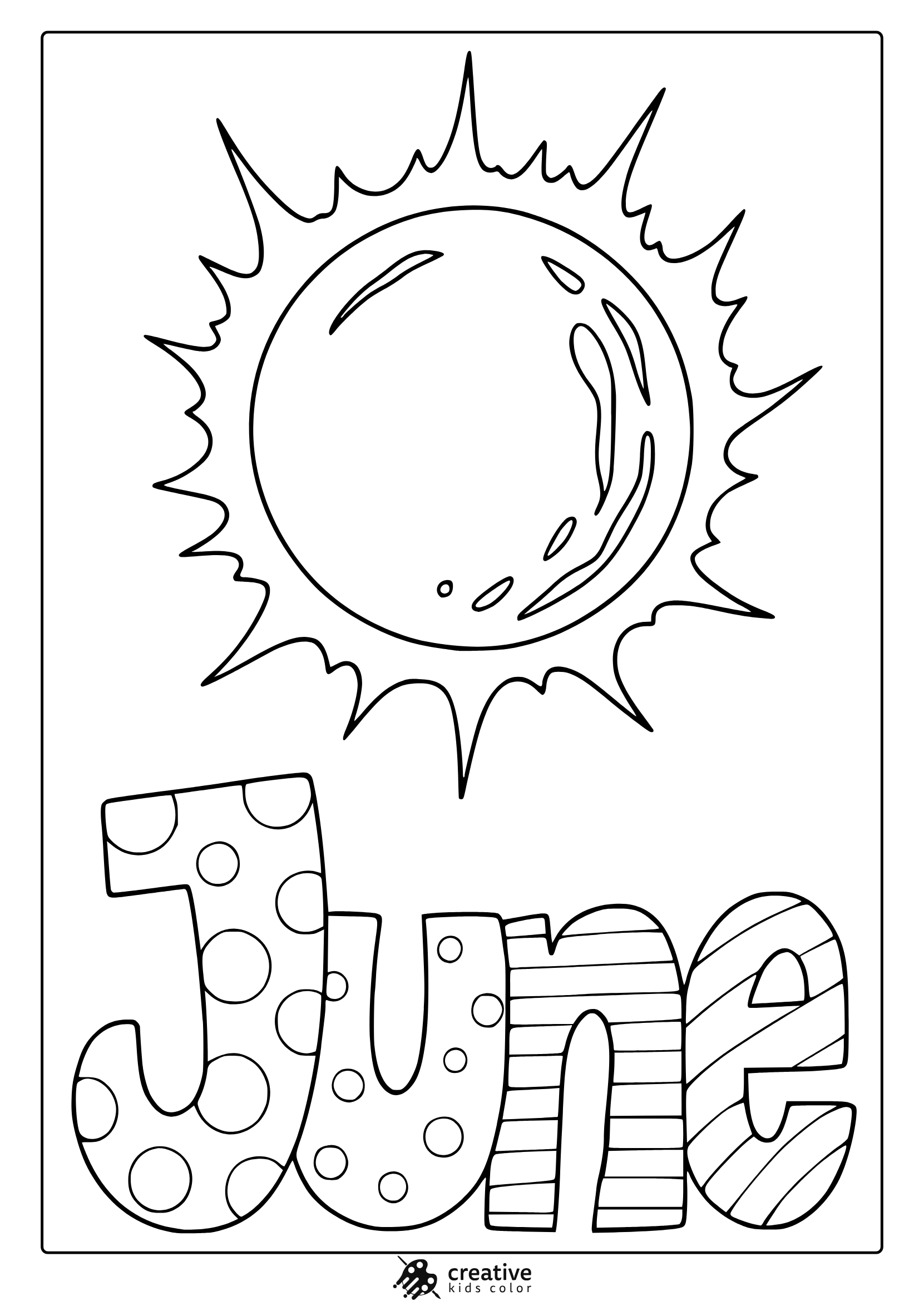 Coloring Page With Stylized Sun And Patterned &Quot;June&Quot; Lettering In A Cheerful Summer Theme.