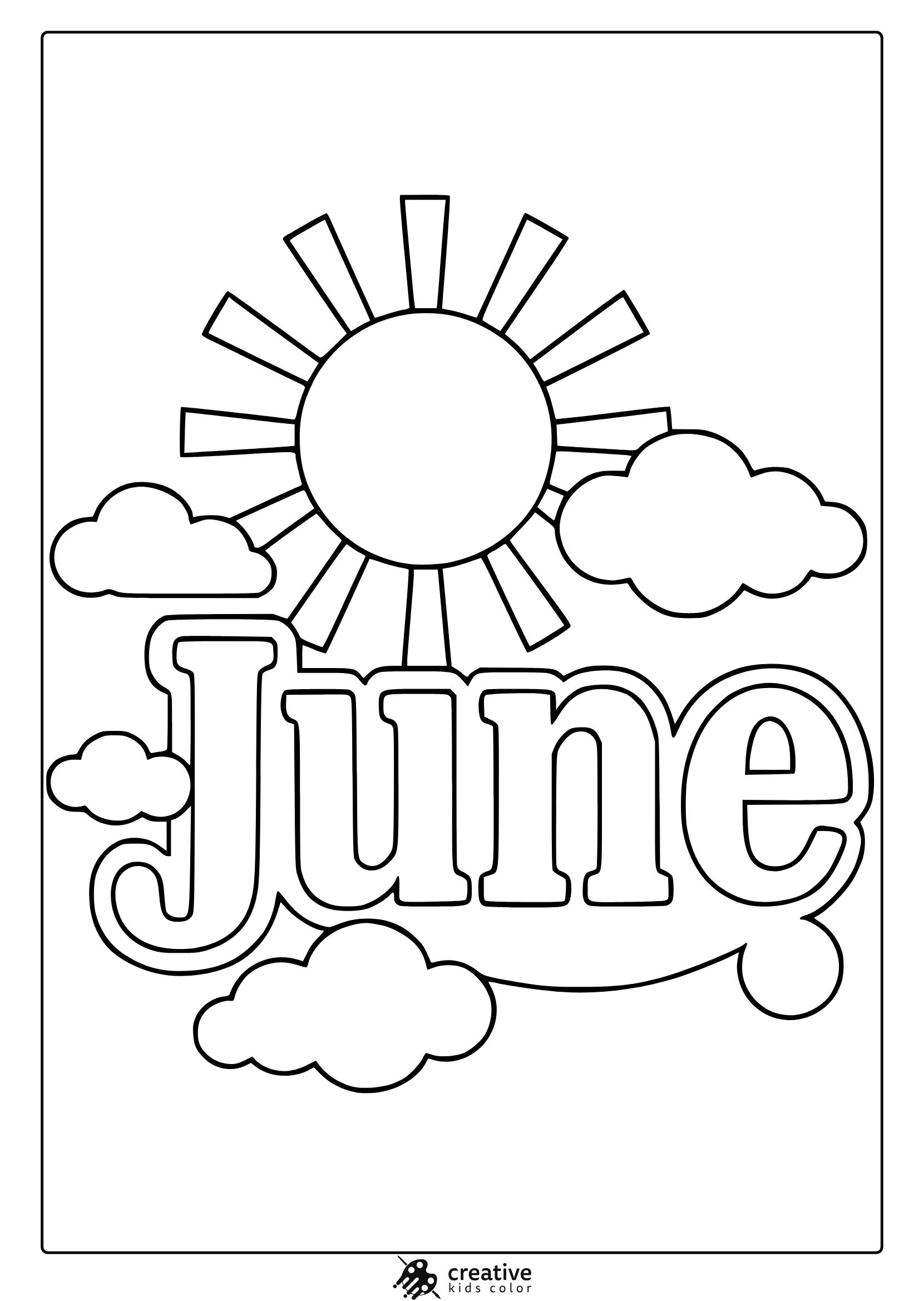 Coloring Page With &Quot;June&Quot; Word Art, Sun With Rays, And Clouds In A Bright Summer Scene.