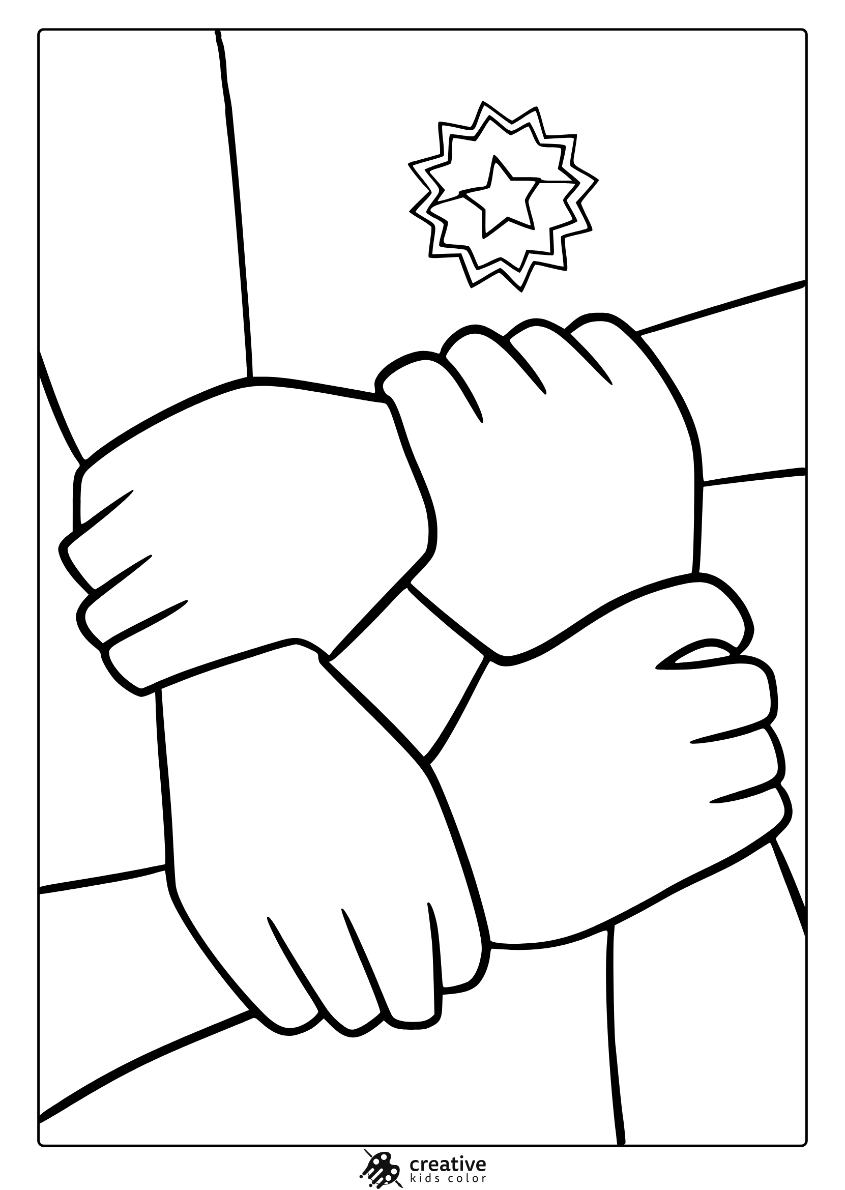 Juneteenth Coloring Page With Four Connected Hands And Symbolic Starburst Above.