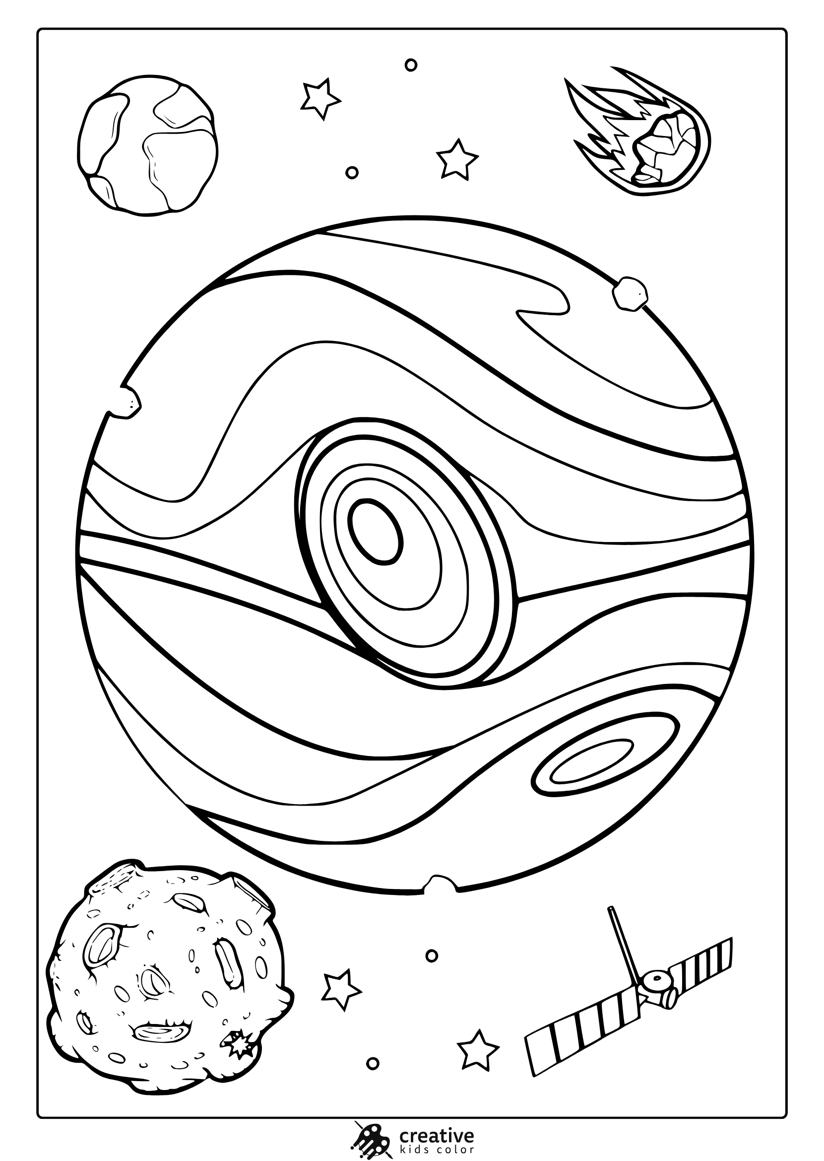 Jupiter With Swirl Bands Moons Comet And Satellite. Creative And Bold Jupiter Coloring Page For Space Lovers.