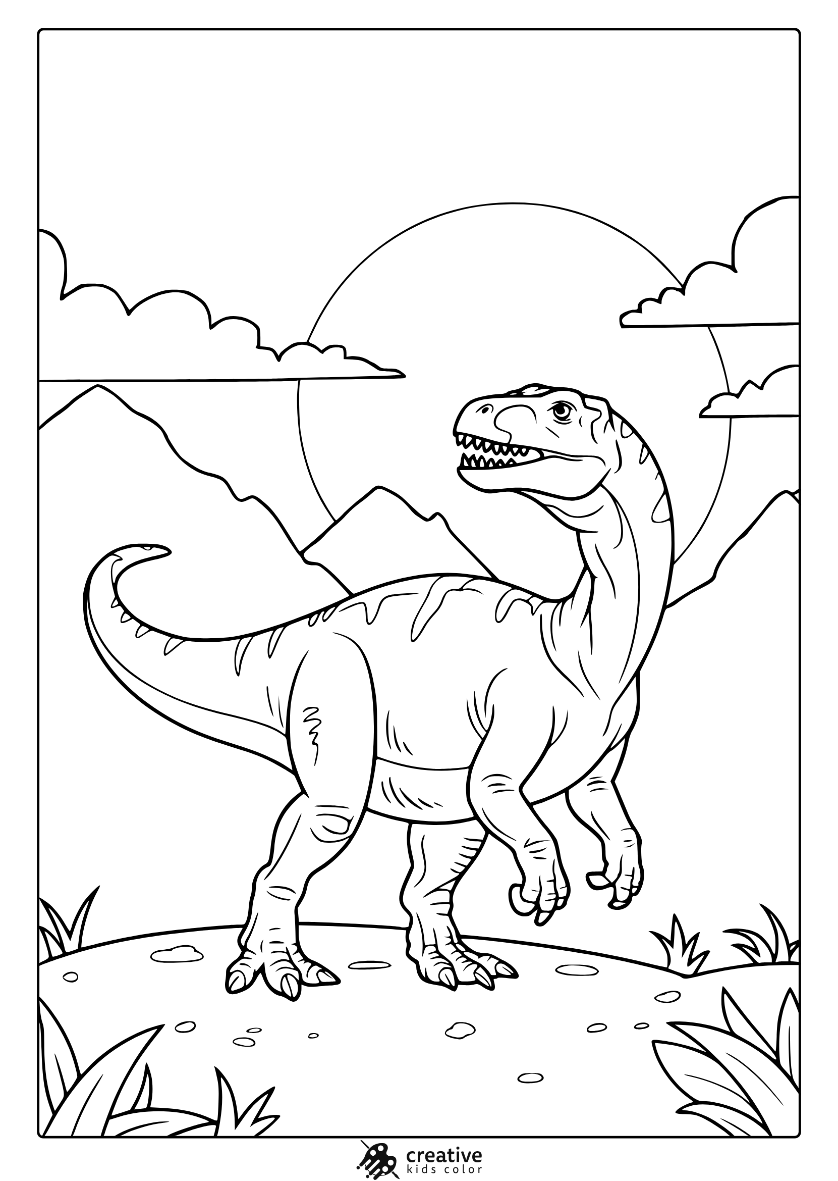 A Cartoon-Style T-Rex In A Jurassic Landscape Features In This Fun And Bold Dinosaur Coloring Page.