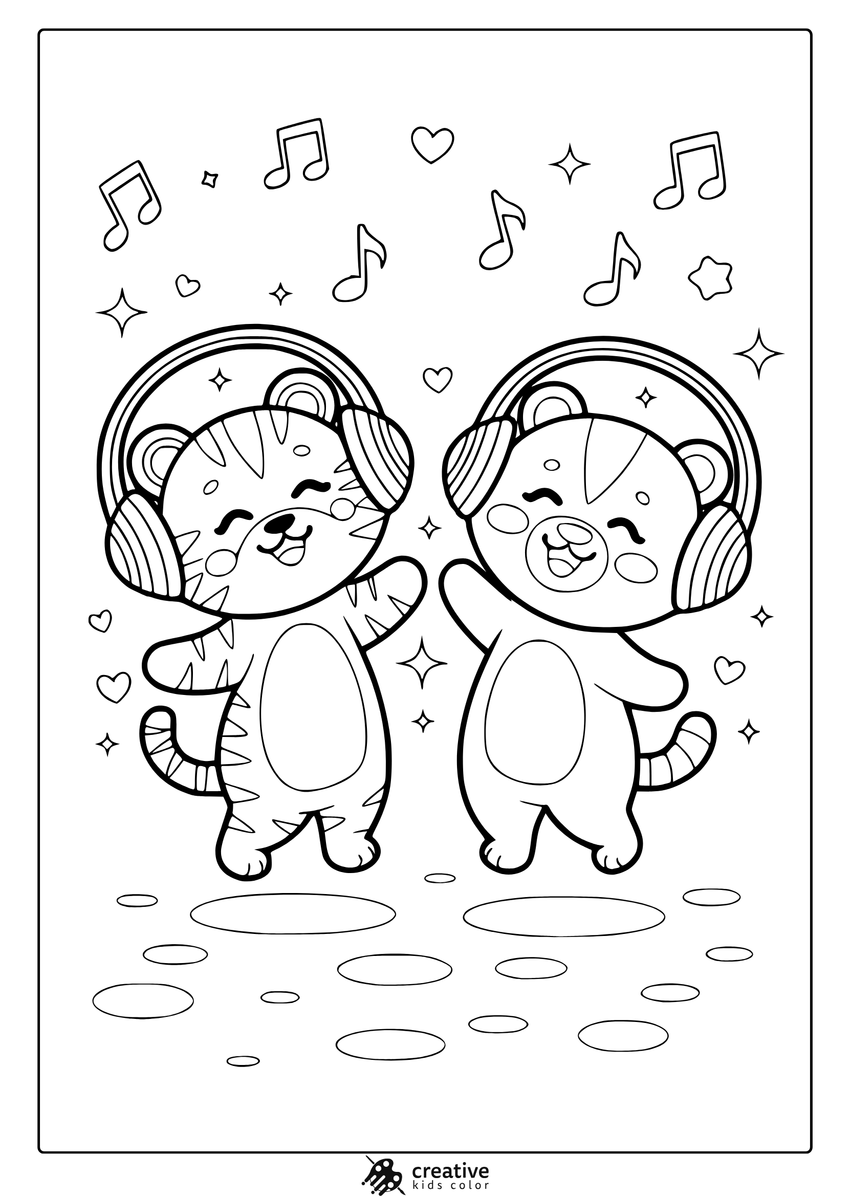 Kawaii Animals Coloring Page With Two Tiger Cubs Wearing Headphones, Surrounded By Music Notes, Hearts, And Stars For A Fun Vibe.