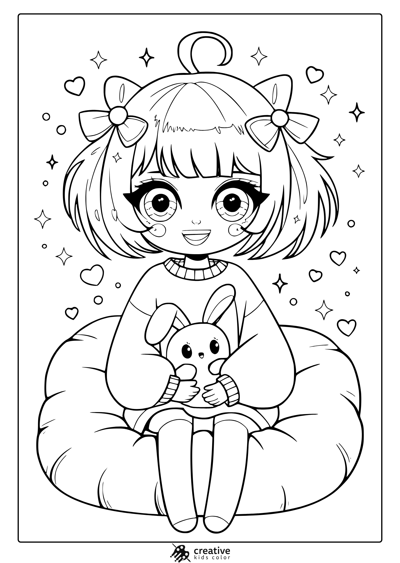 Cute Kawaii Anime Coloring Page Featuring A Chibi Girl With Wavy Hair, Hugging A Bunny Plushie, Surrounded By Hearts And Sparkles.