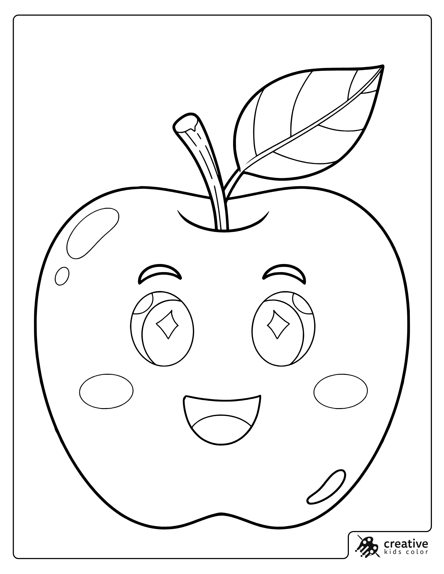 Cute Smiling Kawaii Apple Face Coloring Page.