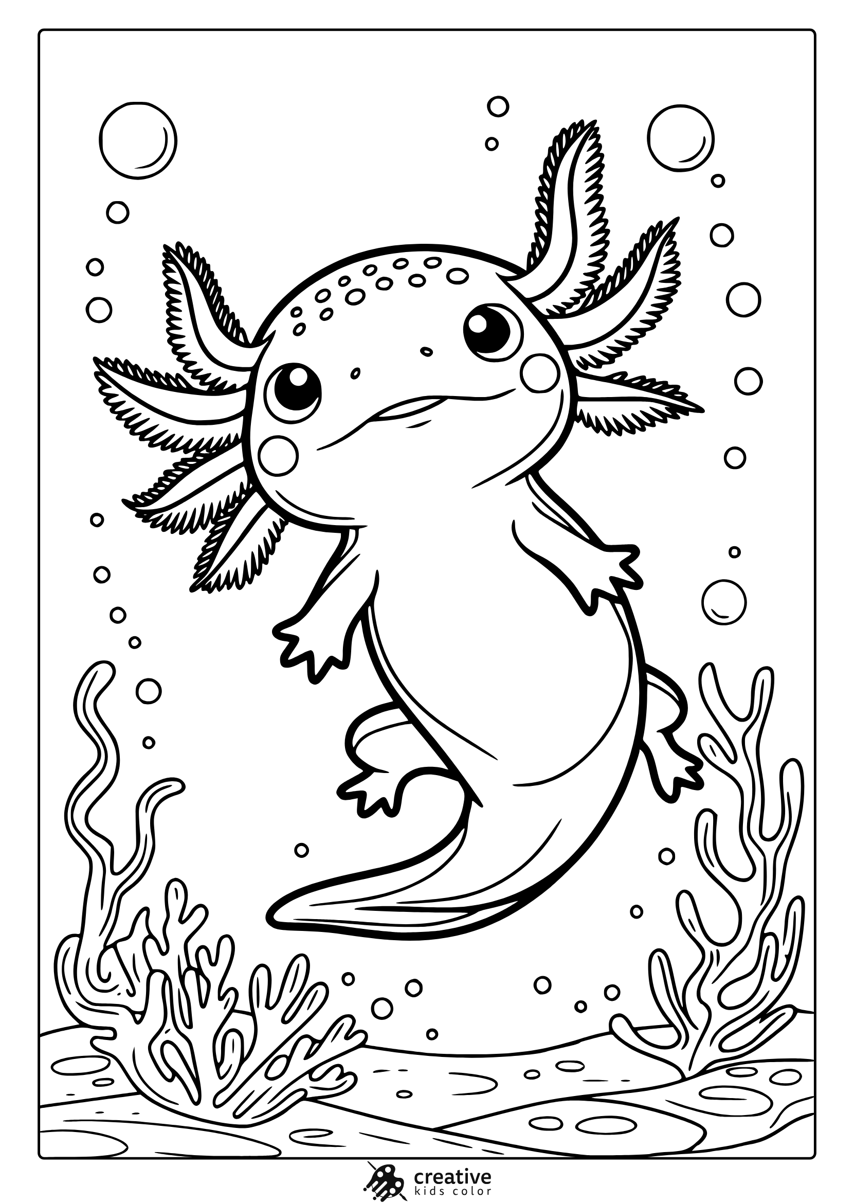 Cute Kawaii Axolotl Coloring Page Featuring An Axolotl Swimming With Bubbles And Plants, Perfect For An Adorable Coloring Experience.