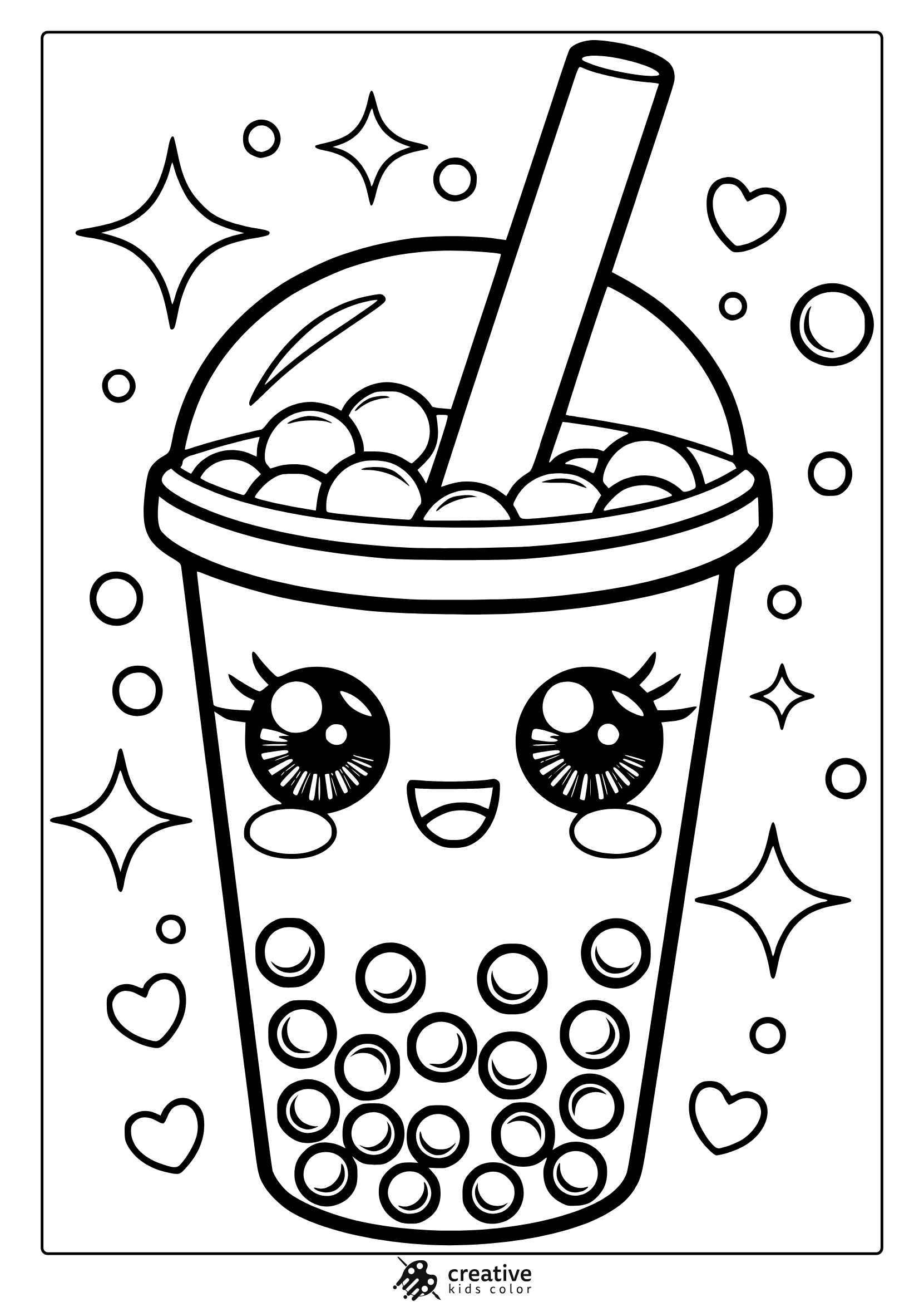 Kawaii Bubble Tea Coloring Page Featuring A Cup Of Boba Tea With A Happy Face, Surrounded By Sparkles And Hearts For A Fun Vibe.