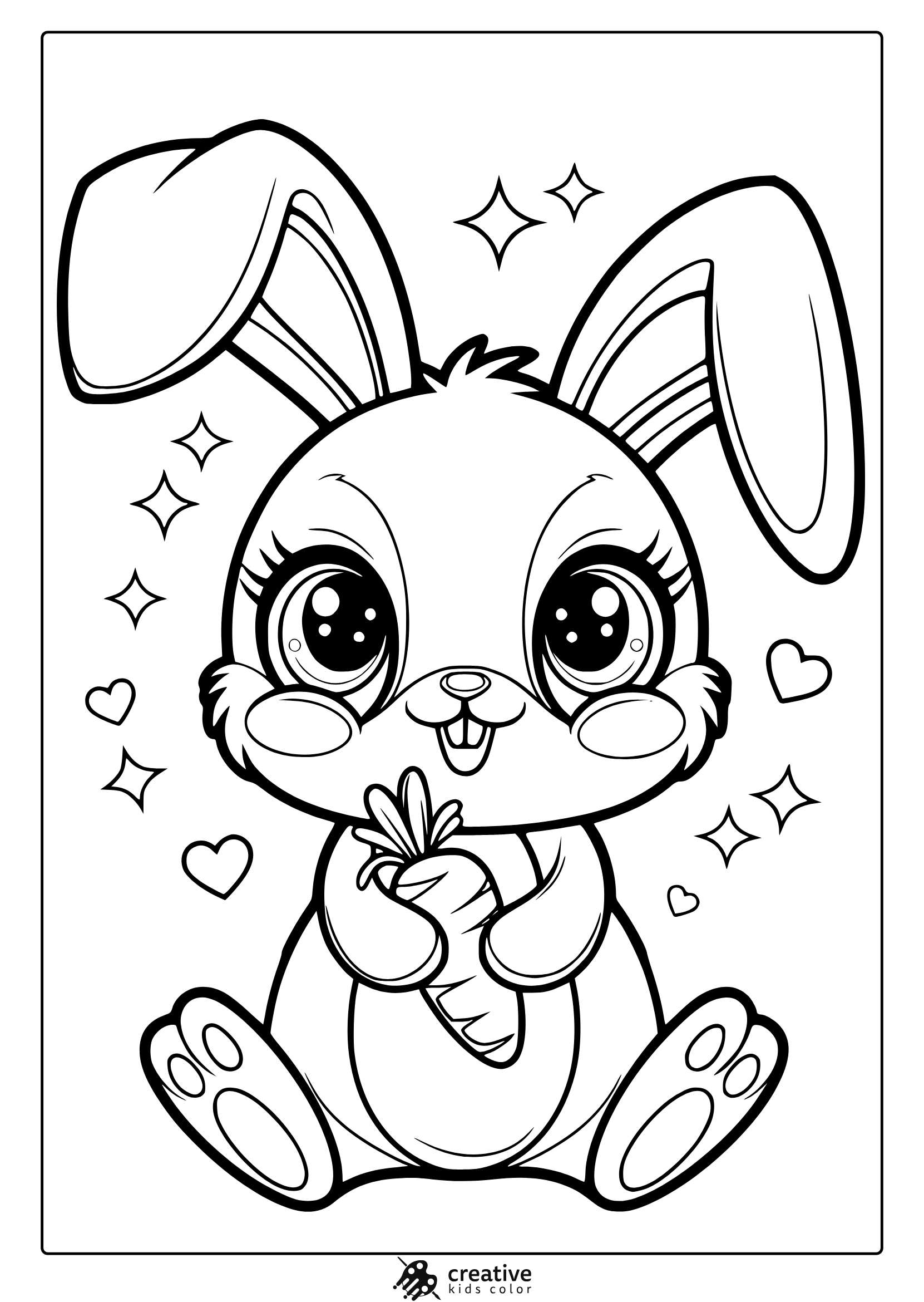 Kawaii Bunny Coloring Page Featuring A Cute Rabbit With Big Eyes Holding A Carrot, Surrounded By Stars And Hearts For A Sweet Design.