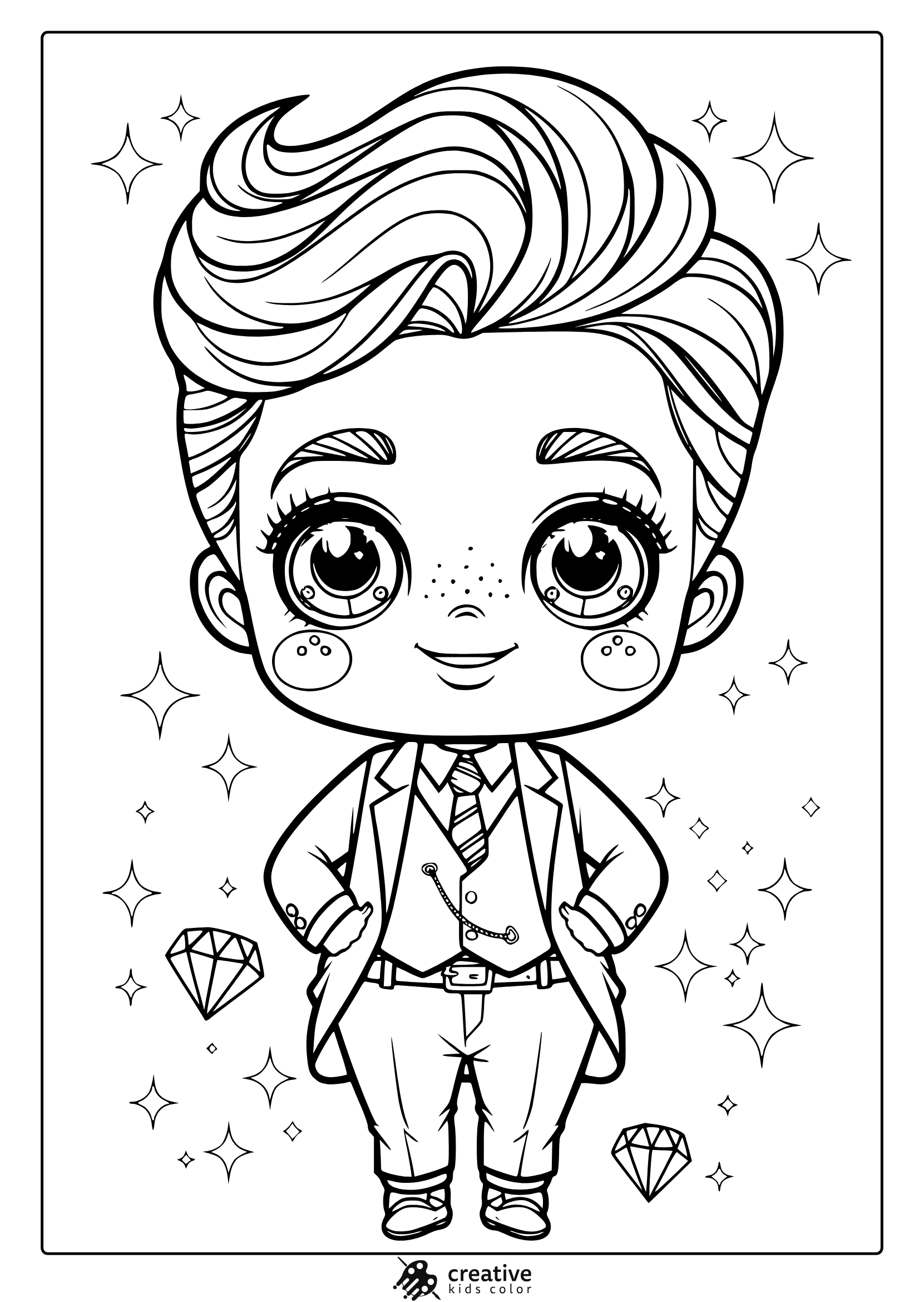 Kawaii Business Boy Coloring Page Featuring A Chibi Character In A Suit With A Confident Stance, Surrounded By Sparkles For A Stylish Look.