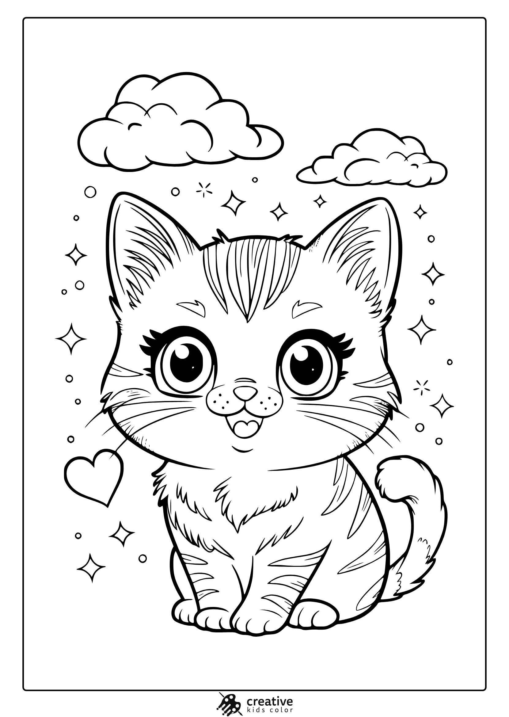 Adorable Kawaii Cat Coloring Page Featuring A Fluffy Cat With Big Eyes, Clouds, Stars, And A Floating Heart For A Charming Look.