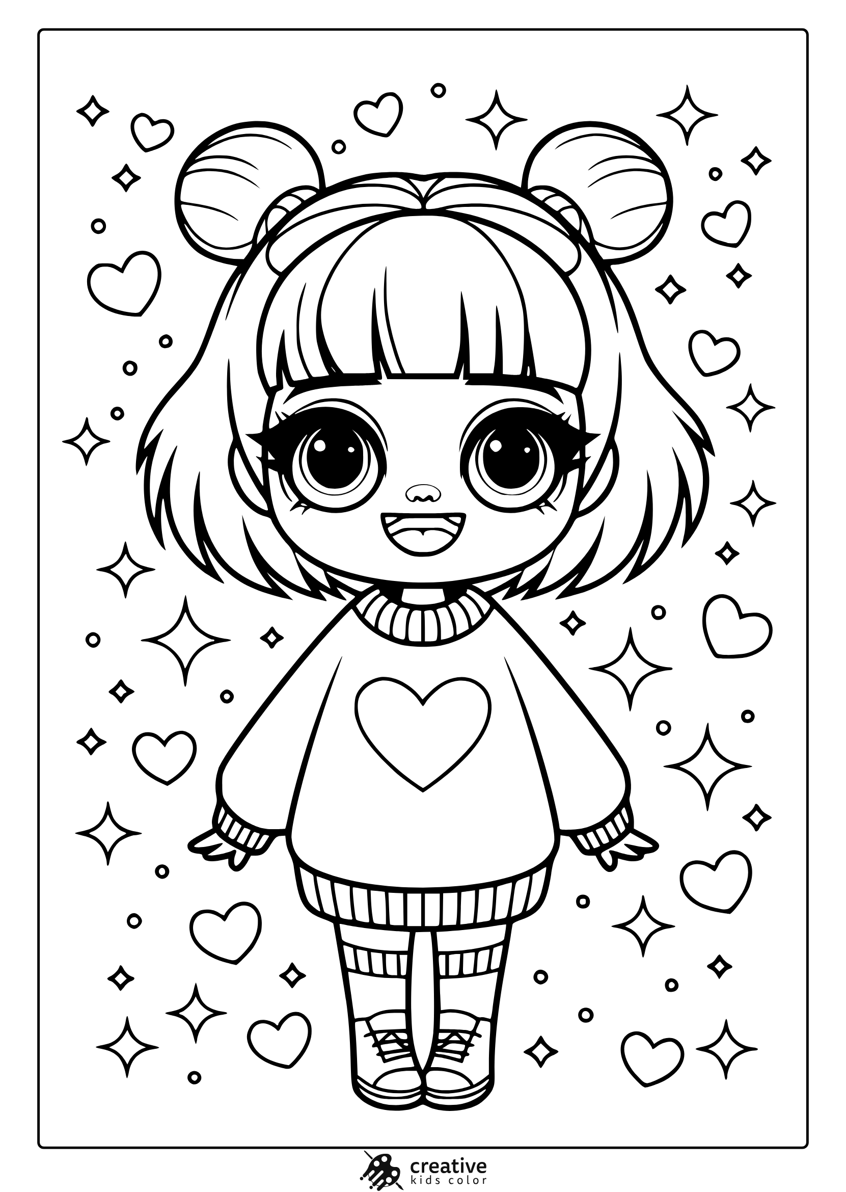 Cute Kawaii Chibi Girl Coloring Page Featuring A Chibi Girl With Big Eyes, A Heart Sweater, And Floating Hearts And Stars Around Her.