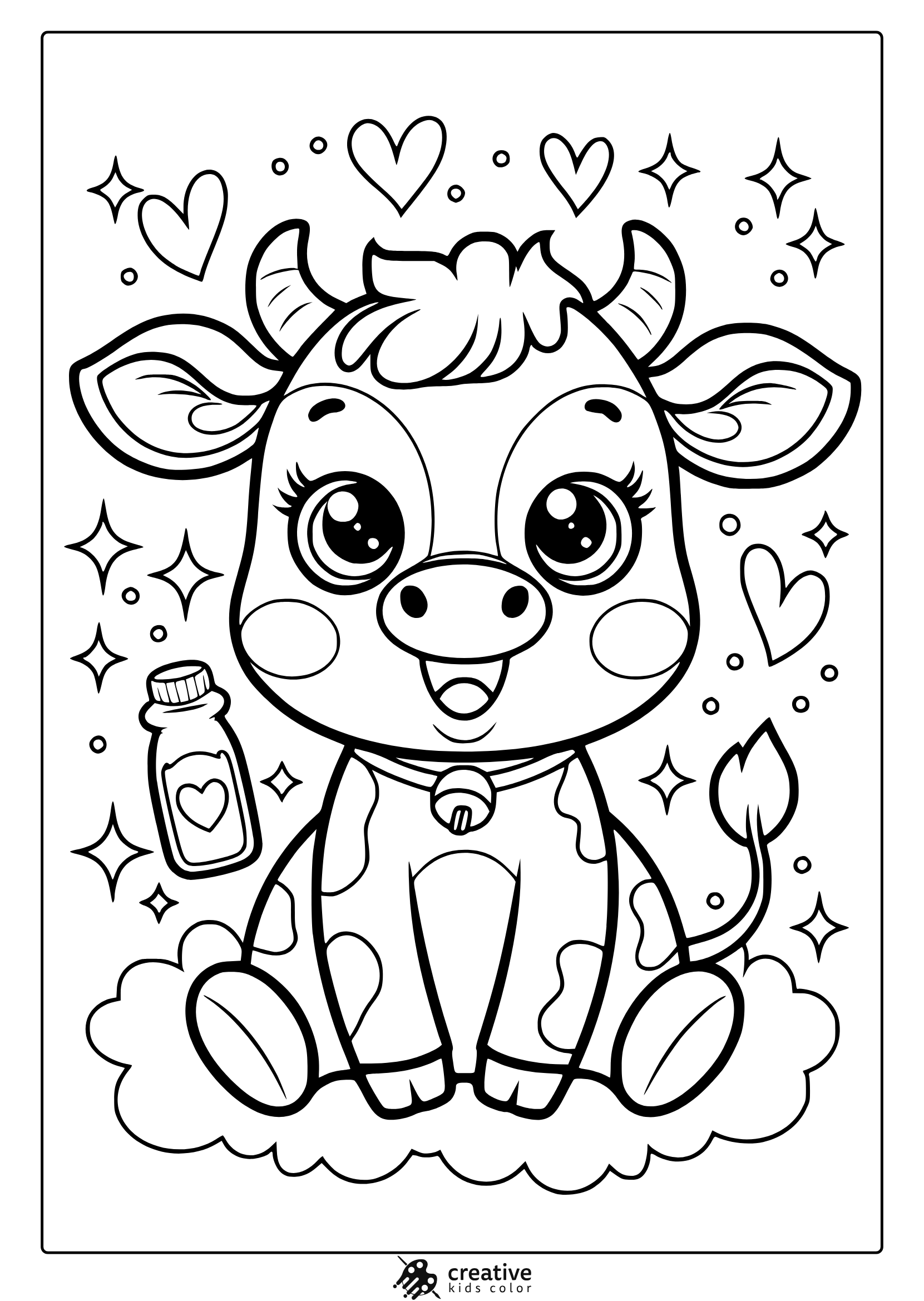 Kawaii Cow Coloring Page Featuring A Cute Cow Sitting On A Cloud, Surrounded By Stars And A Milk Bottle With A Heart Symbol.