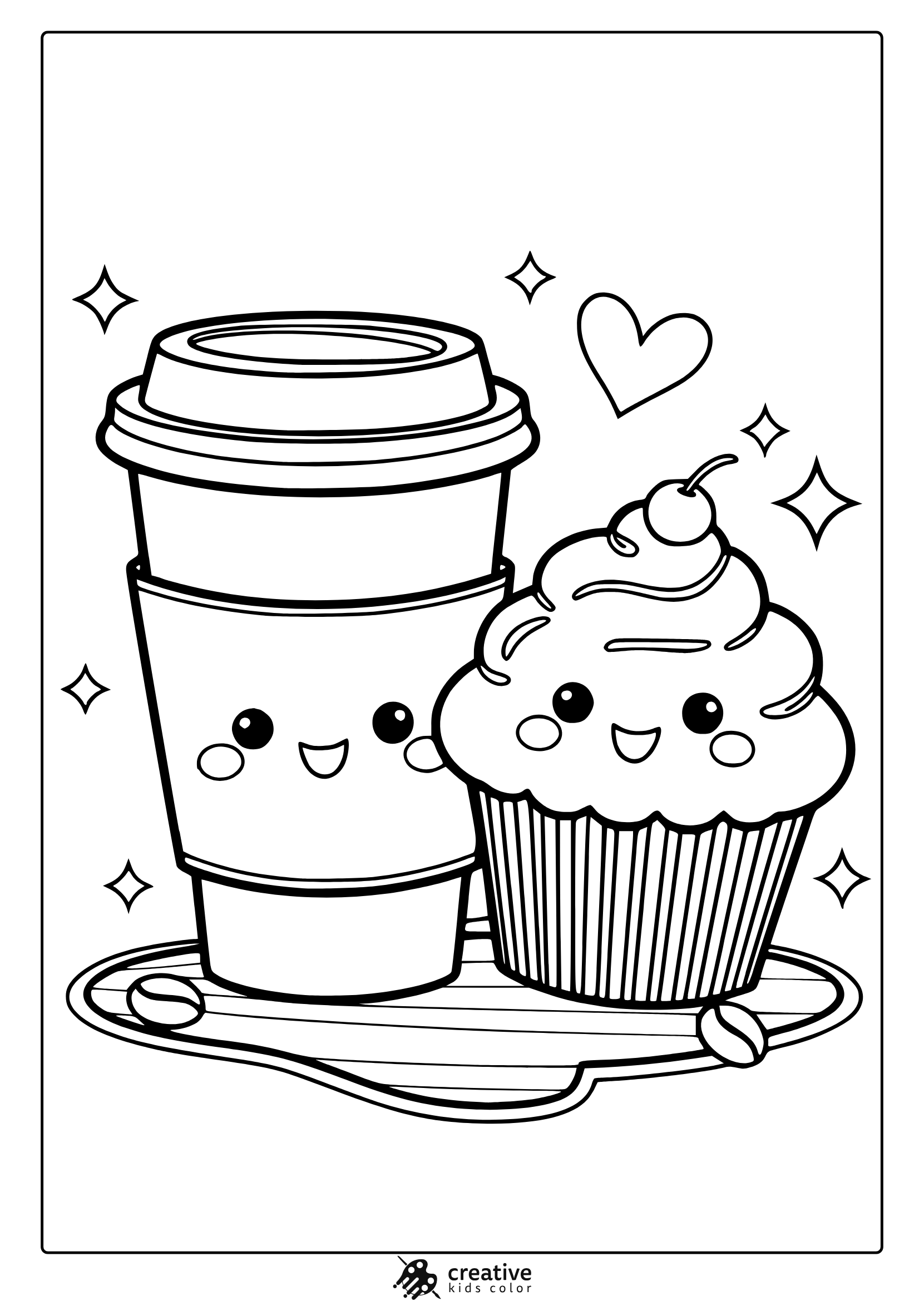 Kawaii Cupcake And Coffee Coloring Page Featuring A Cute Coffee Cup And A Happy Cupcake With A Cherry, Surrounded By Hearts.