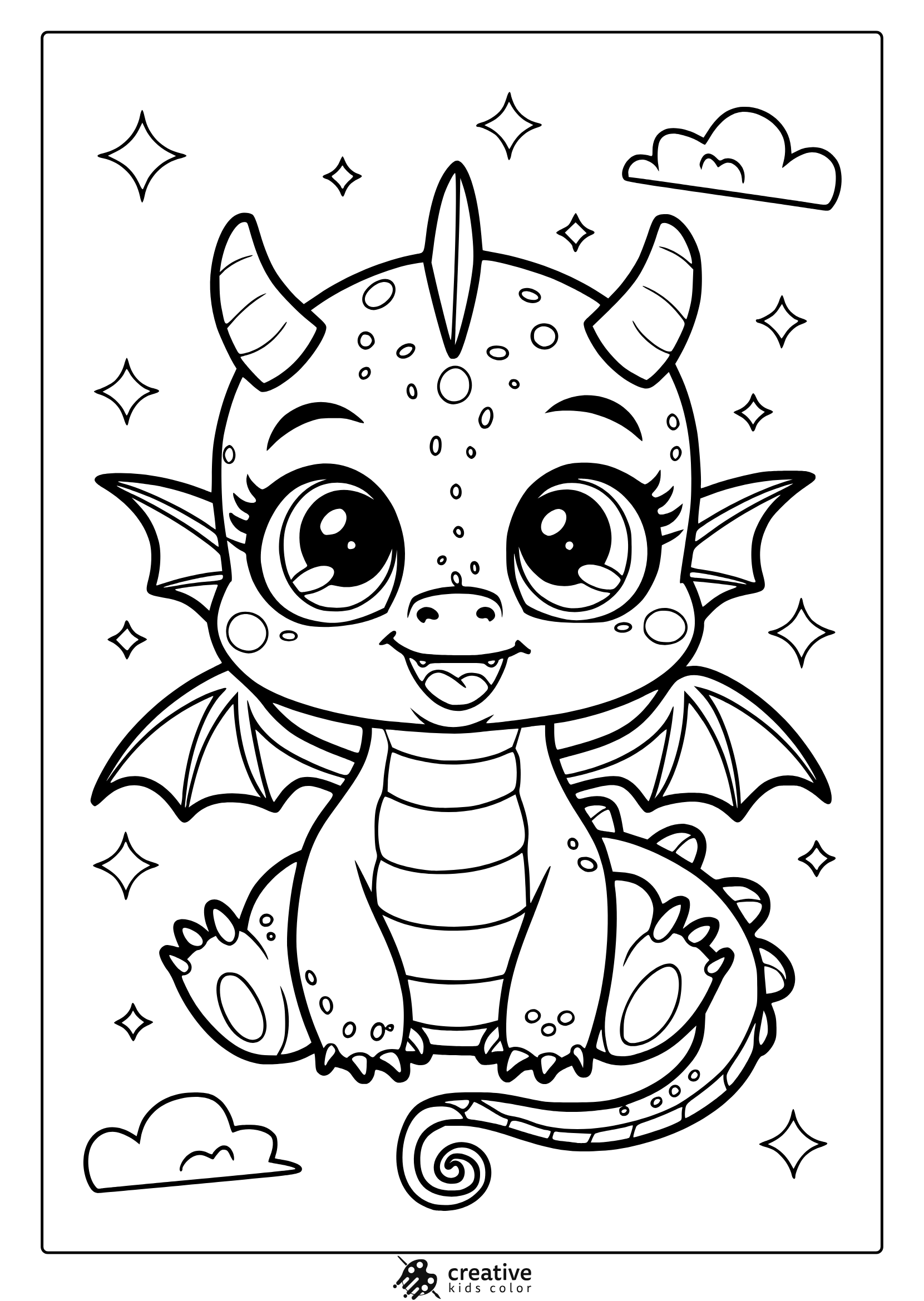 Kawaii Dragon Coloring Page Featuring A Cute Dragon With Big Eyes, Floating Among Clouds And Stars For A Magical Coloring Experience.
