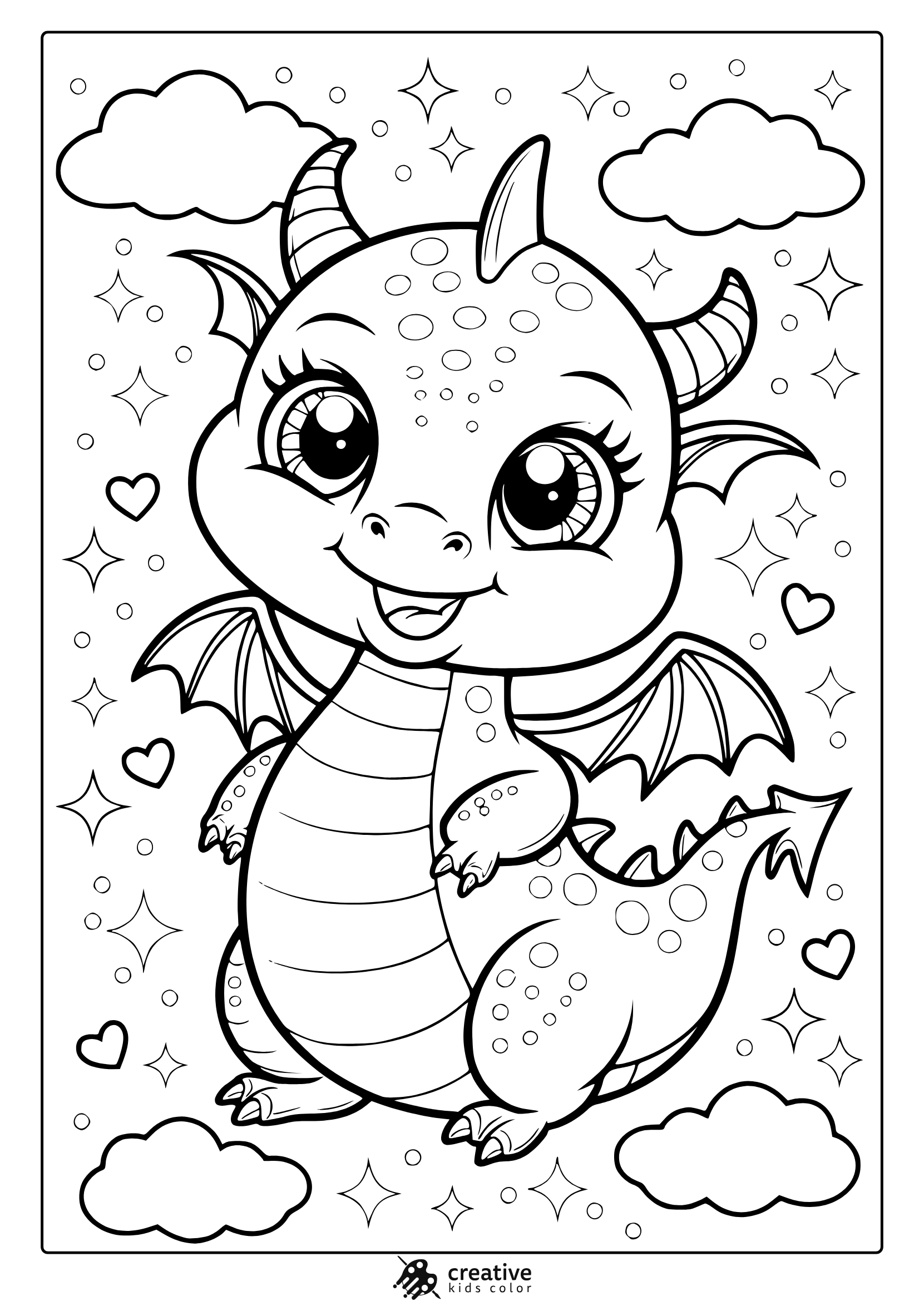 A Kawaii Cute Dragon Coloring Page With A Small, Adorable Dragon And Hearts Floating In A Dreamy Sky.