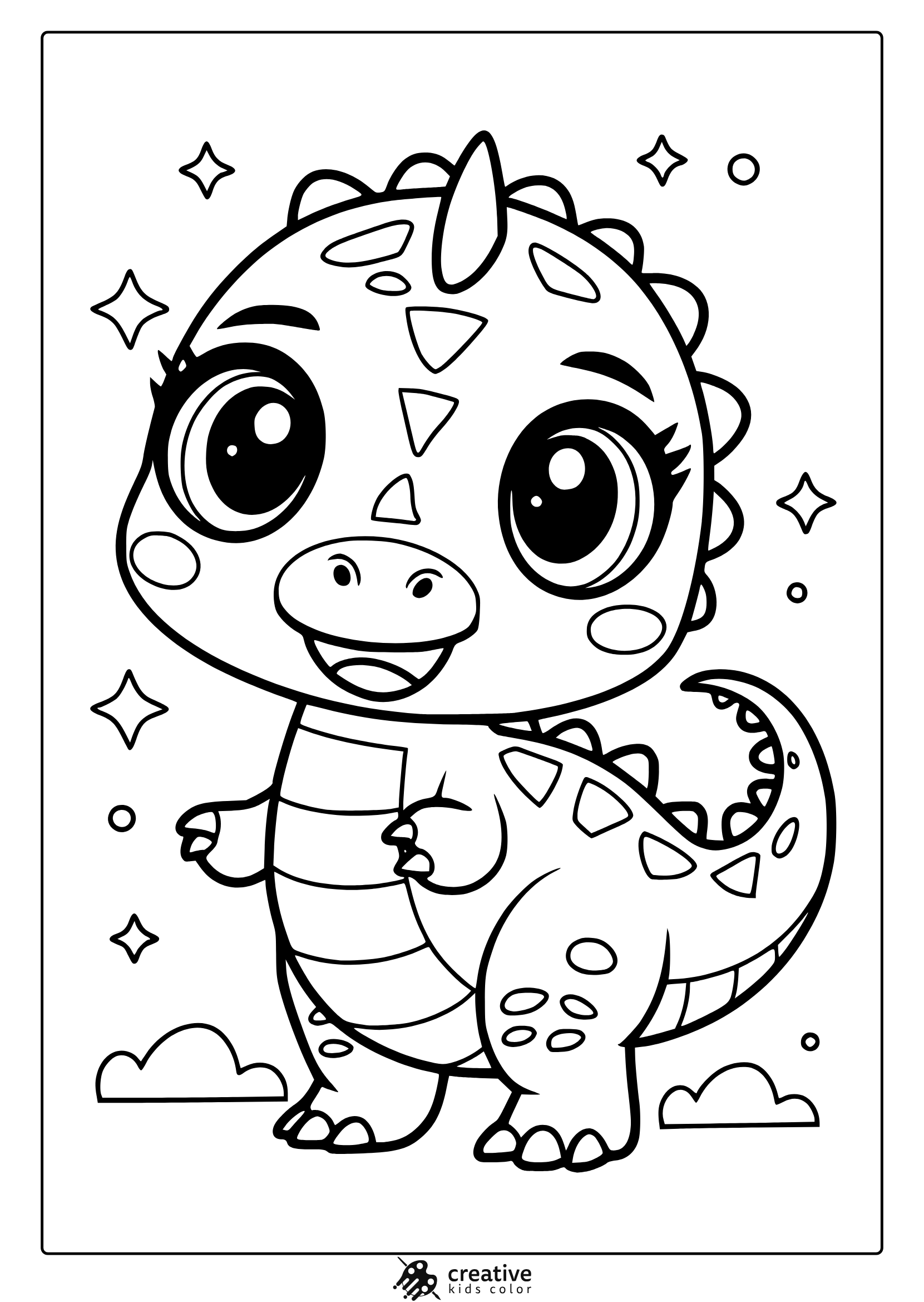 Kawaii Dinosaur Coloring Page Featuring A Cute Dinosaur With A Spiky Tail, Standing Under Clouds And Stars For A Playful Coloring Activity.