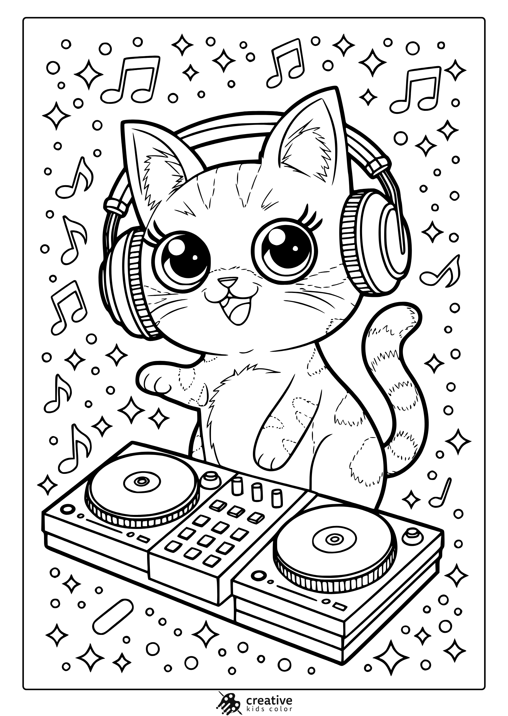 Kawaii Dj Cat Coloring Page Featuring A Cat With Headphones At A Dj Mixer, Surrounded By Stars And Musical Notes For A Fun Vibe.