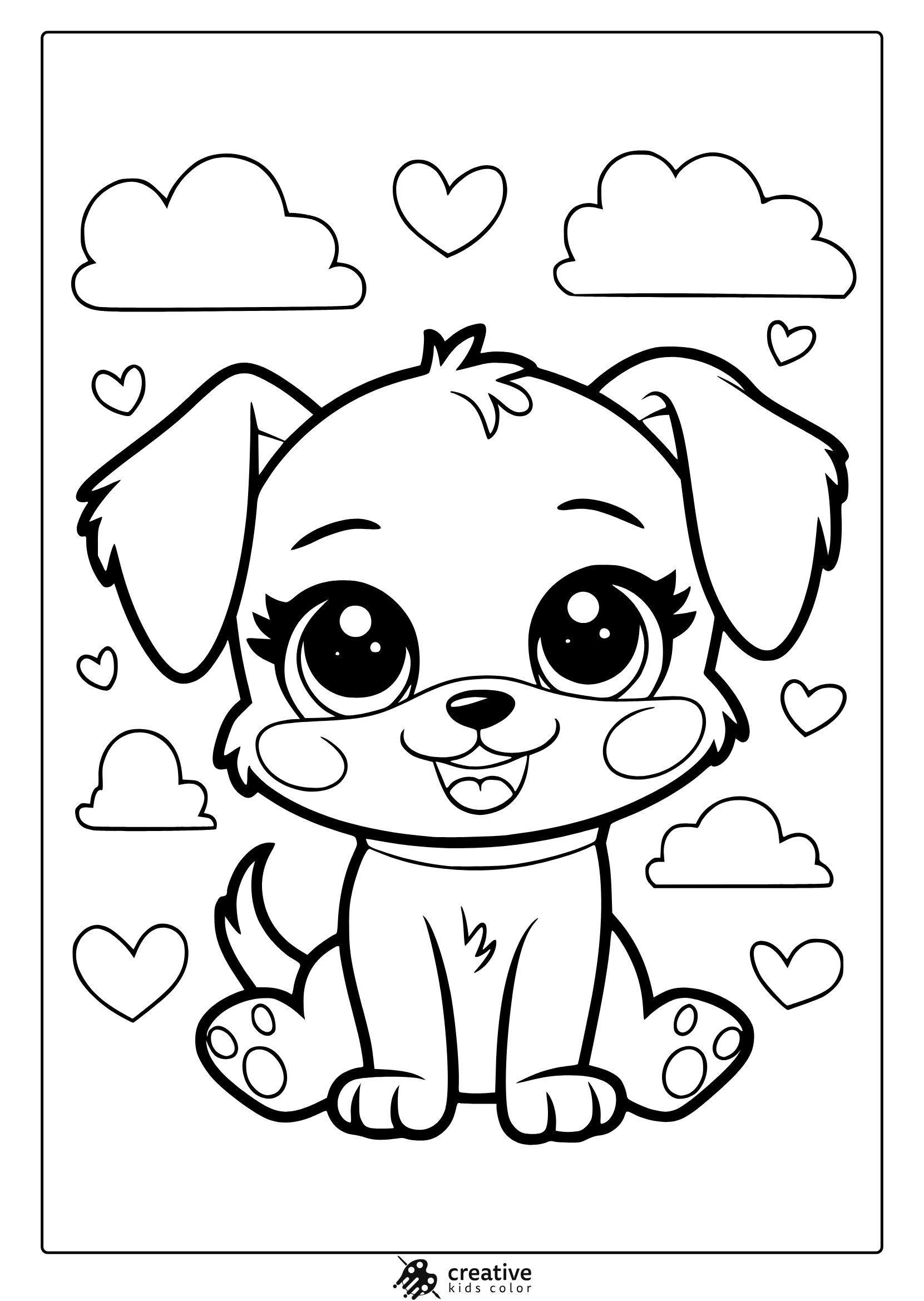 Kawaii Dog Coloring Page Featuring A Cute Puppy With Floppy Ears, Sitting Among Clouds And Hearts For An Adorable Coloring Experience.
