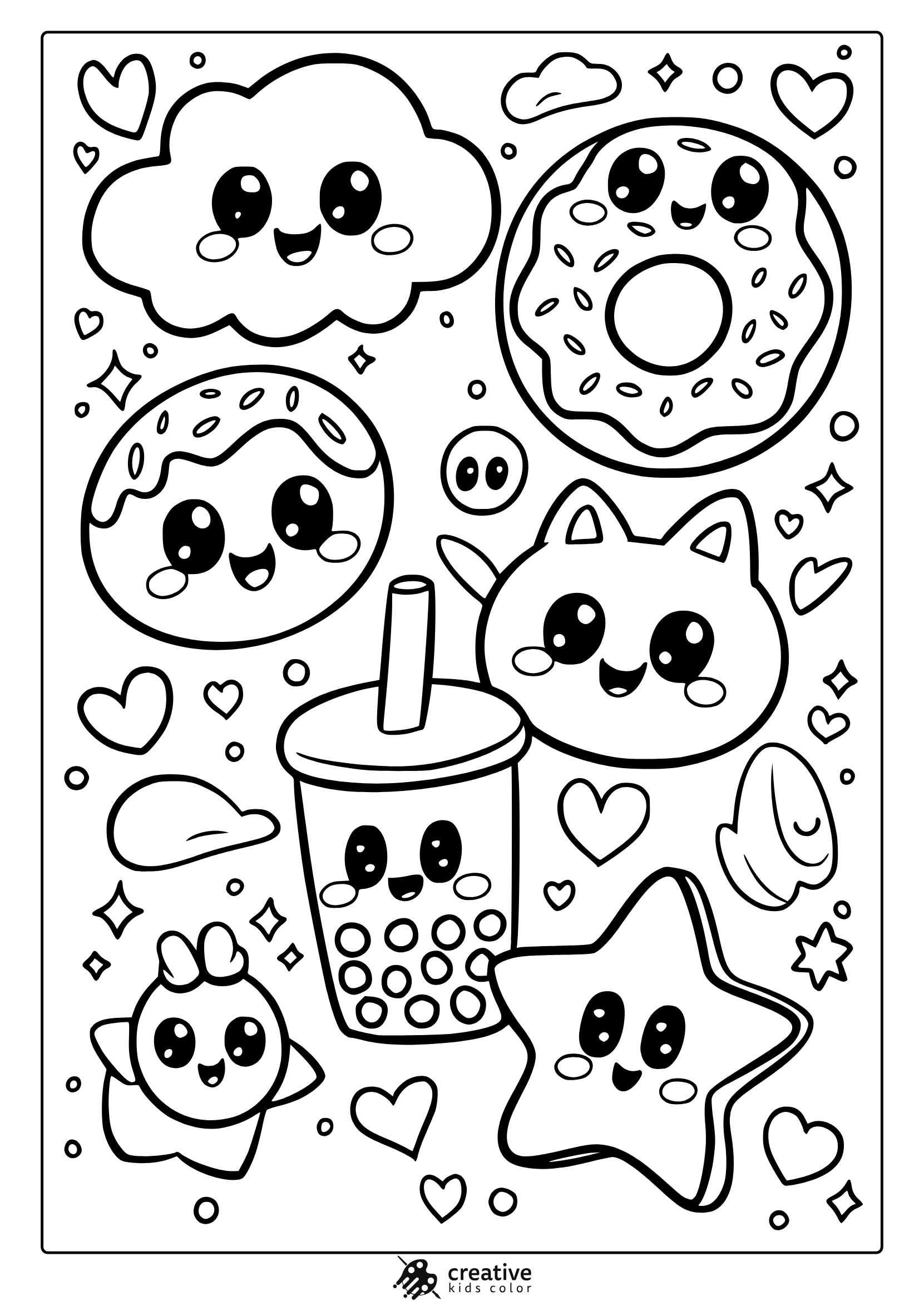 Kawaii Doodle Coloring Page With Various Cute Characters Like A Smiling Donut, Cat, Cloud, And Cup, Perfect For A Creative Coloring Session.