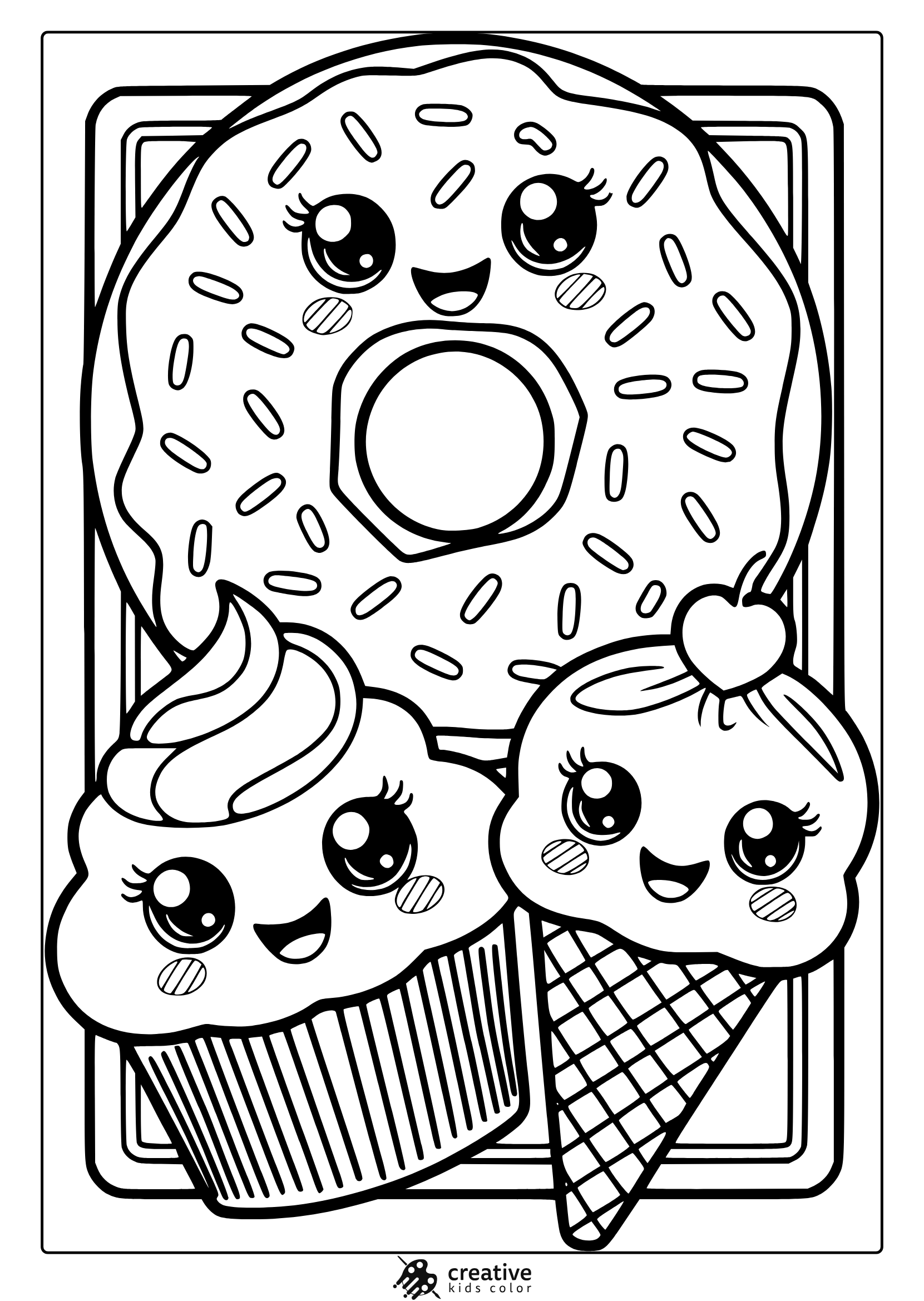 Kawaii Food Coloring Page With A Donut, Cupcake, And Ice Cream Cone, Each With Cute Faces, Perfect For A Fun Coloring Activity.