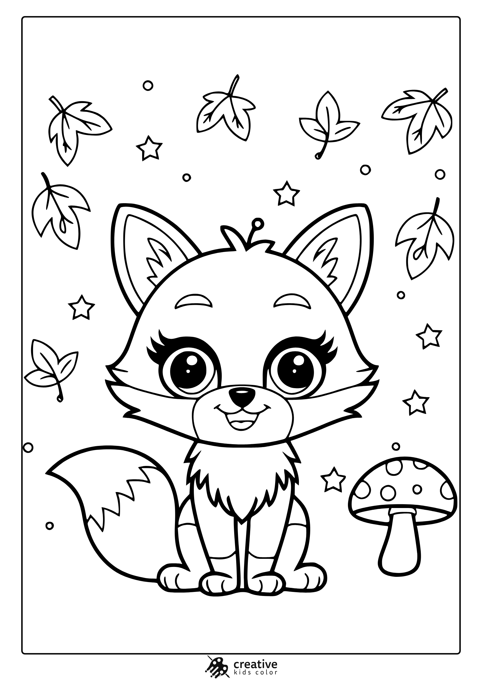 Kawaii Fox Coloring Page Featuring A Cute Fox With Big Eyes, Surrounded By Falling Leaves, Stars, And A Mushroom For A Whimsical Touch.