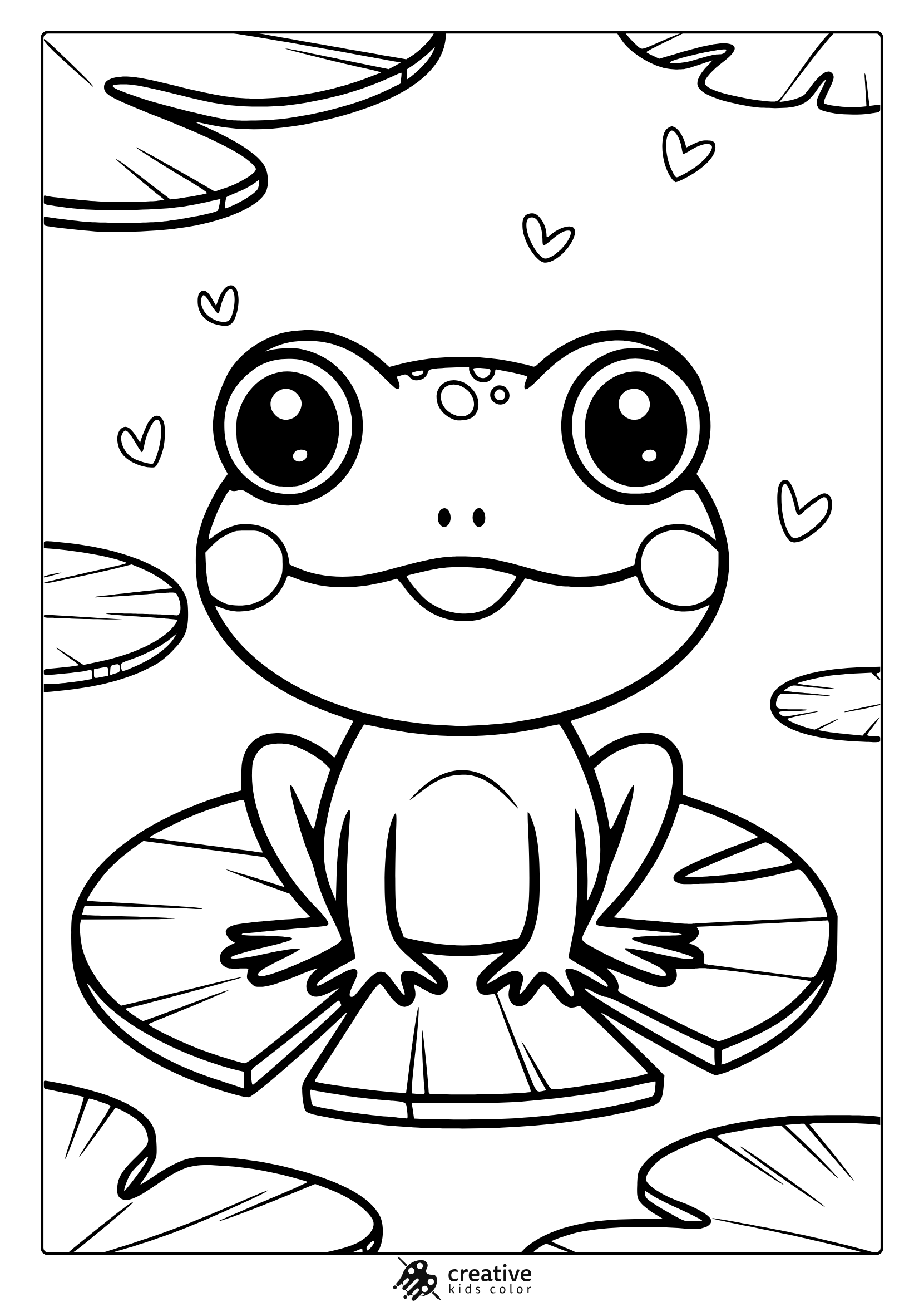 Kawaii Frog Coloring Page With A Happy Frog On A Lily Pad, Surrounded By Water Lilies And Hearts, Great For A Fun Coloring Session.