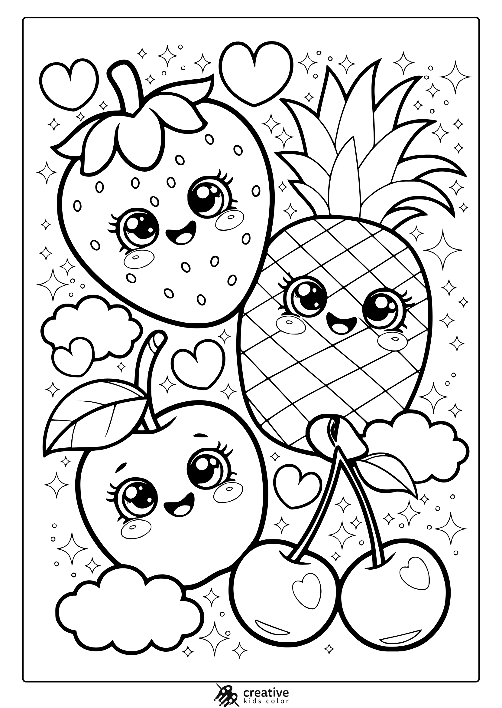 Kawaii Fruits Coloring Page Featuring Smiling Strawberry, Pineapple, And Apple With Cute Faces, Perfect For A Fun And Fruity Coloring Session.