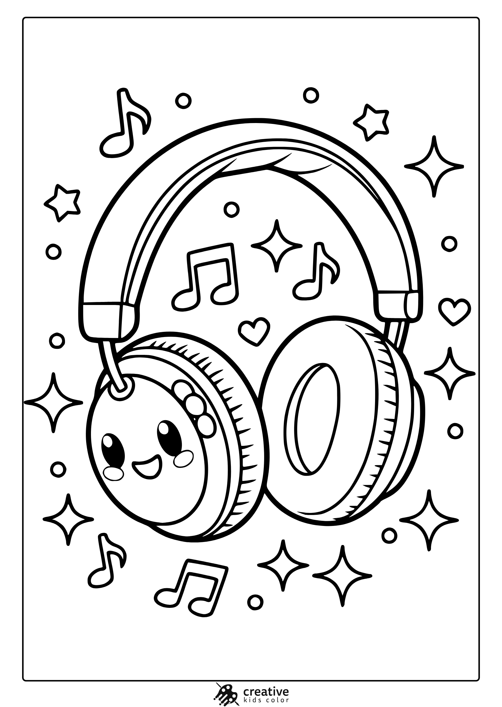 Kawaii Headphones Coloring Page Featuring Smiling Headphones With Music Notes And Stars, Perfect For A Fun And Musical Coloring Activity.