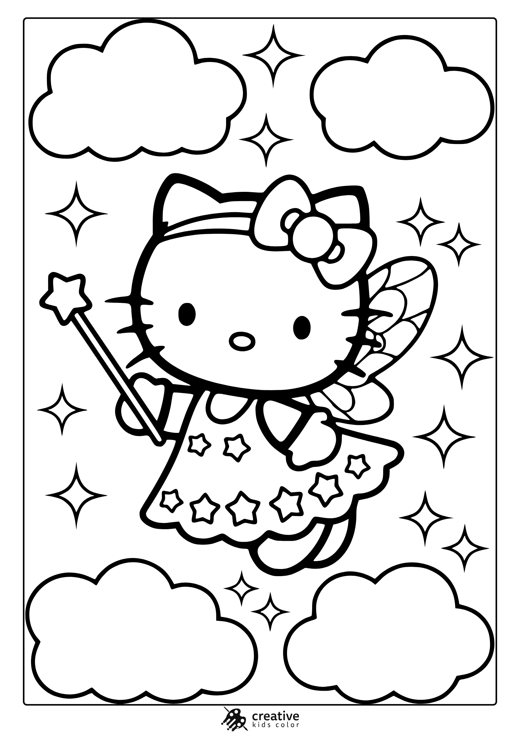 Kawaii Hello Kitty Coloring Page Featuring A Winged Cat Holding A Magic Wand, Floating Among Clouds And Stars For A Charming Touch.