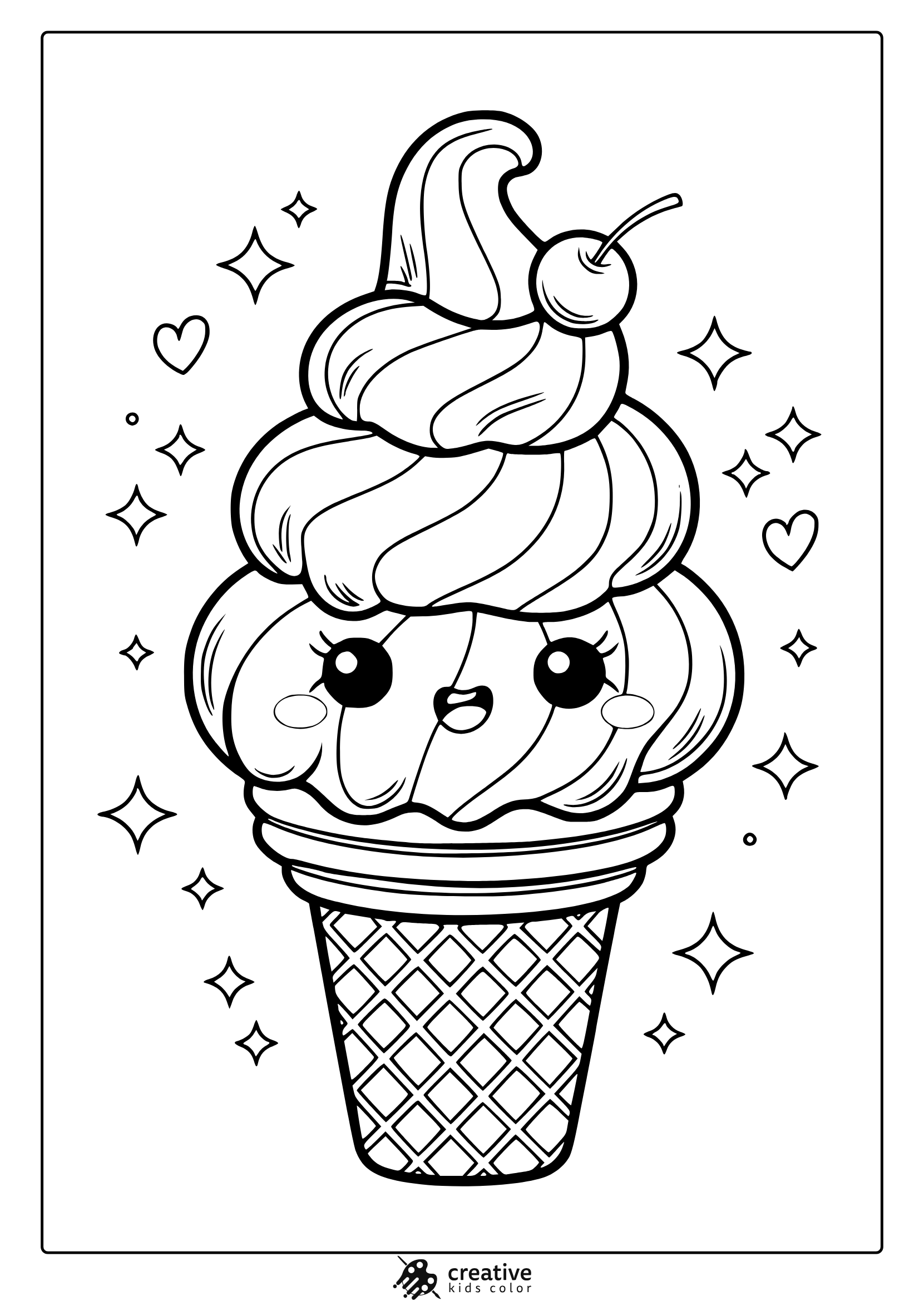Kawaii Ice Cream Coloring Page Featuring A Smiling Ice Cream Cone With A Cherry, Decorated With Stars And Hearts For A Cheerful Feel.