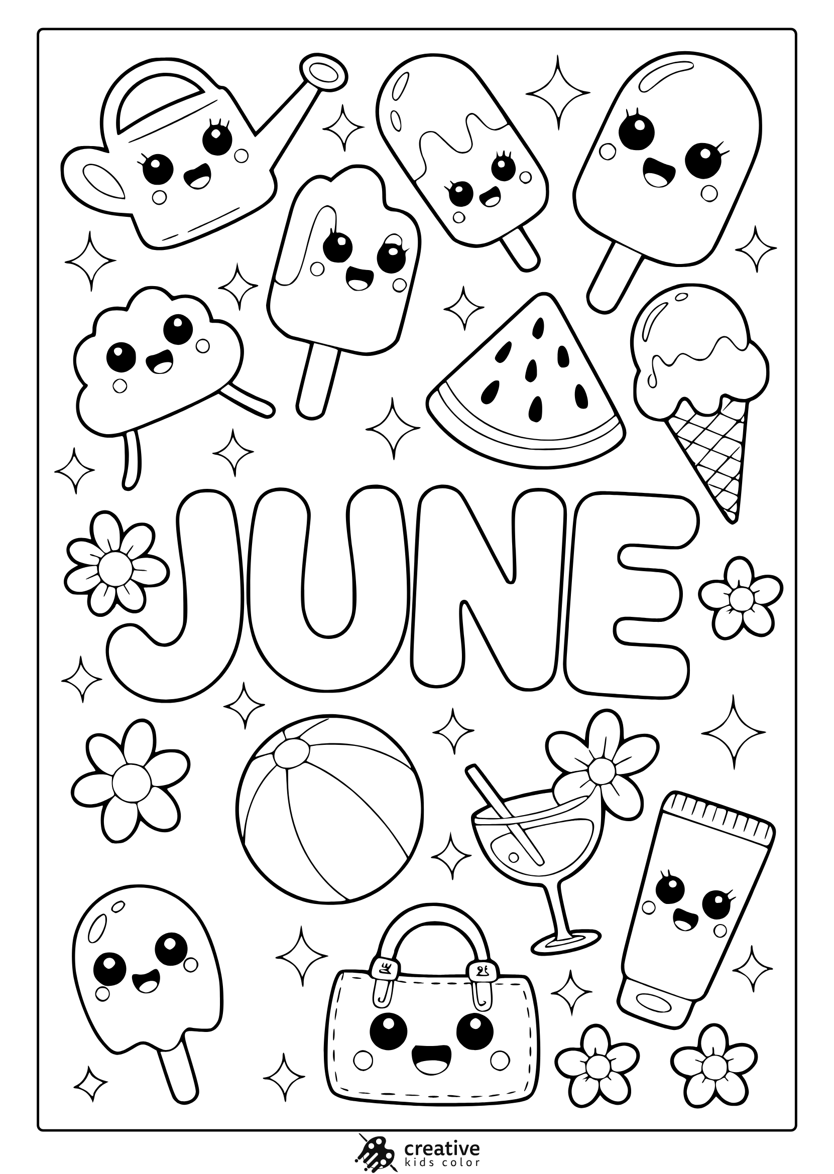 Coloring Page With Kawaii Popsicles, Watermelon, Sunscreen, And &Quot;June&Quot; Text In A Cute Style.