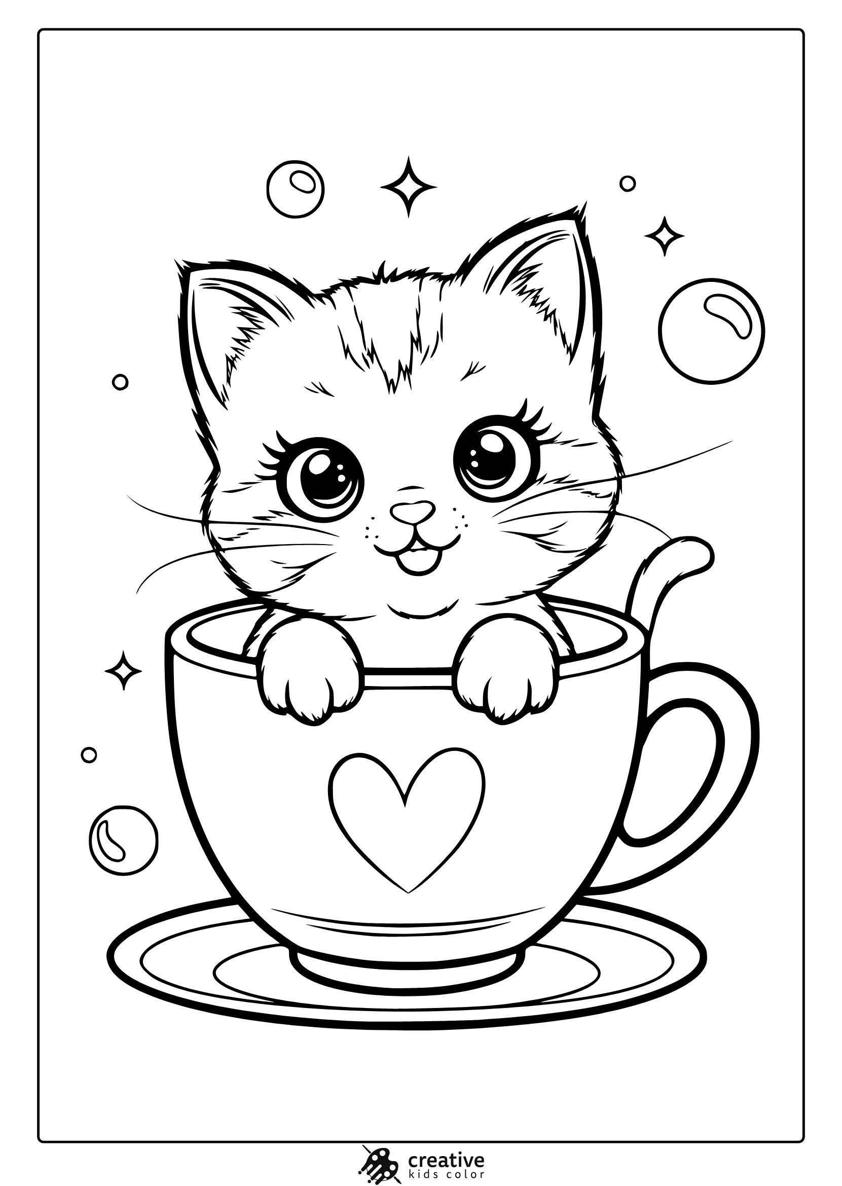 Cute Kawaii Kitten Coloring Page Featuring A Kitten In A Teacup, Surrounded By Bubbles And Stars For An Adorable Coloring Experience.