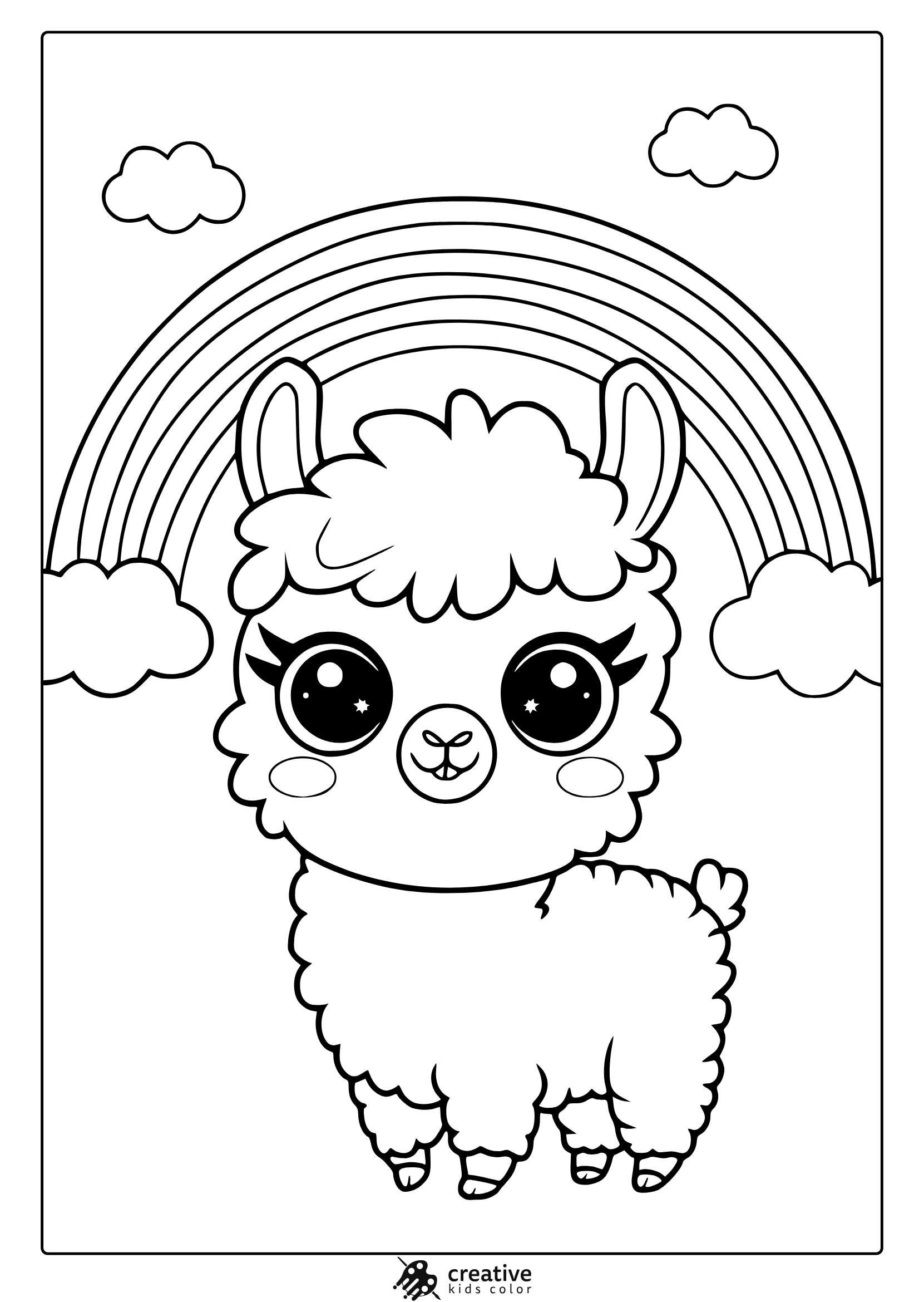 Cute Kawaii Llama Coloring Page With A Fluffy Llama Under A Rainbow, Featuring Clouds For A Magical Coloring Experience.