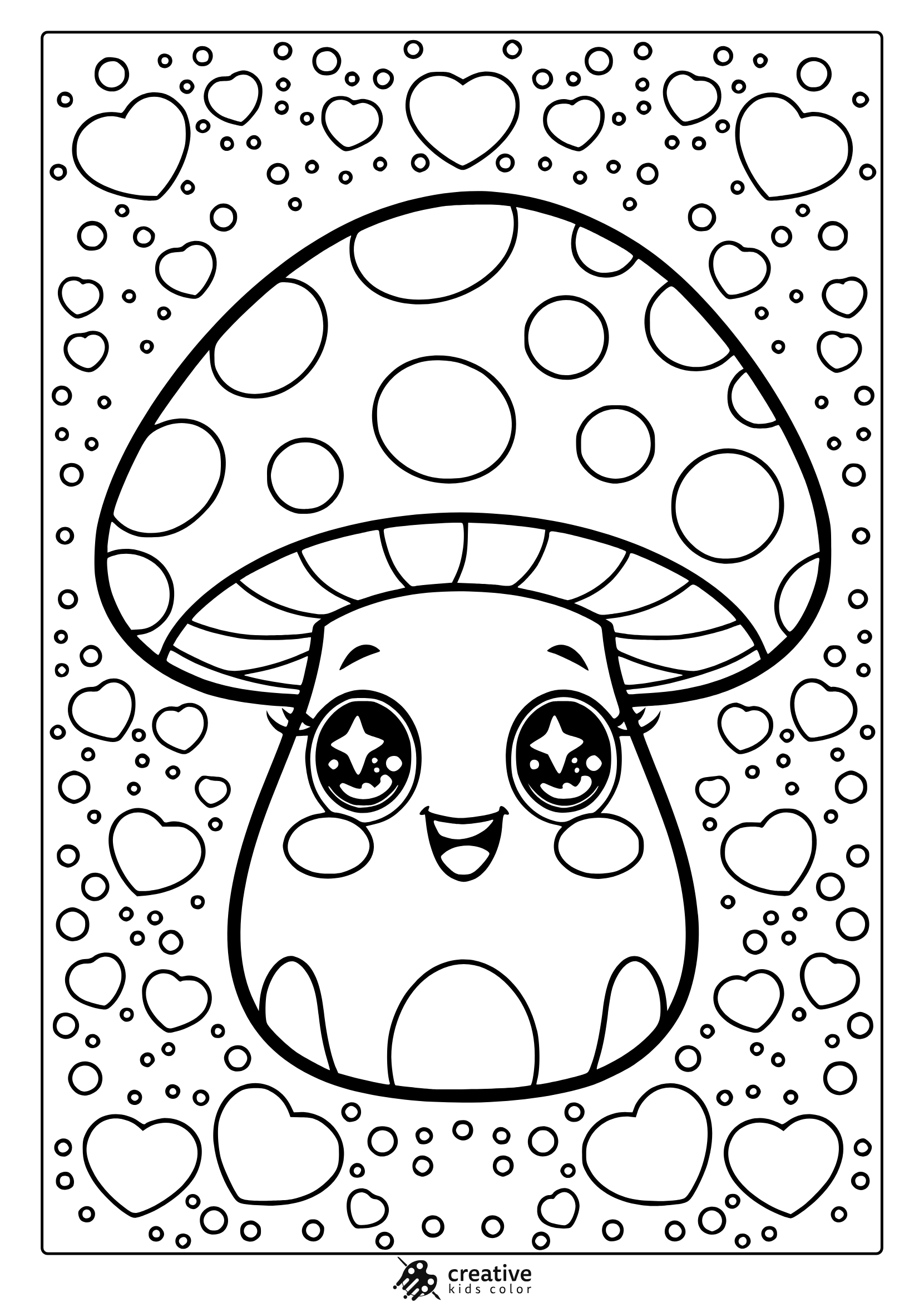 Cartoon Mushroom With Hearts And Sparkly Eyes Featured In This Adorable Kawaii Mushroom Coloring Page.