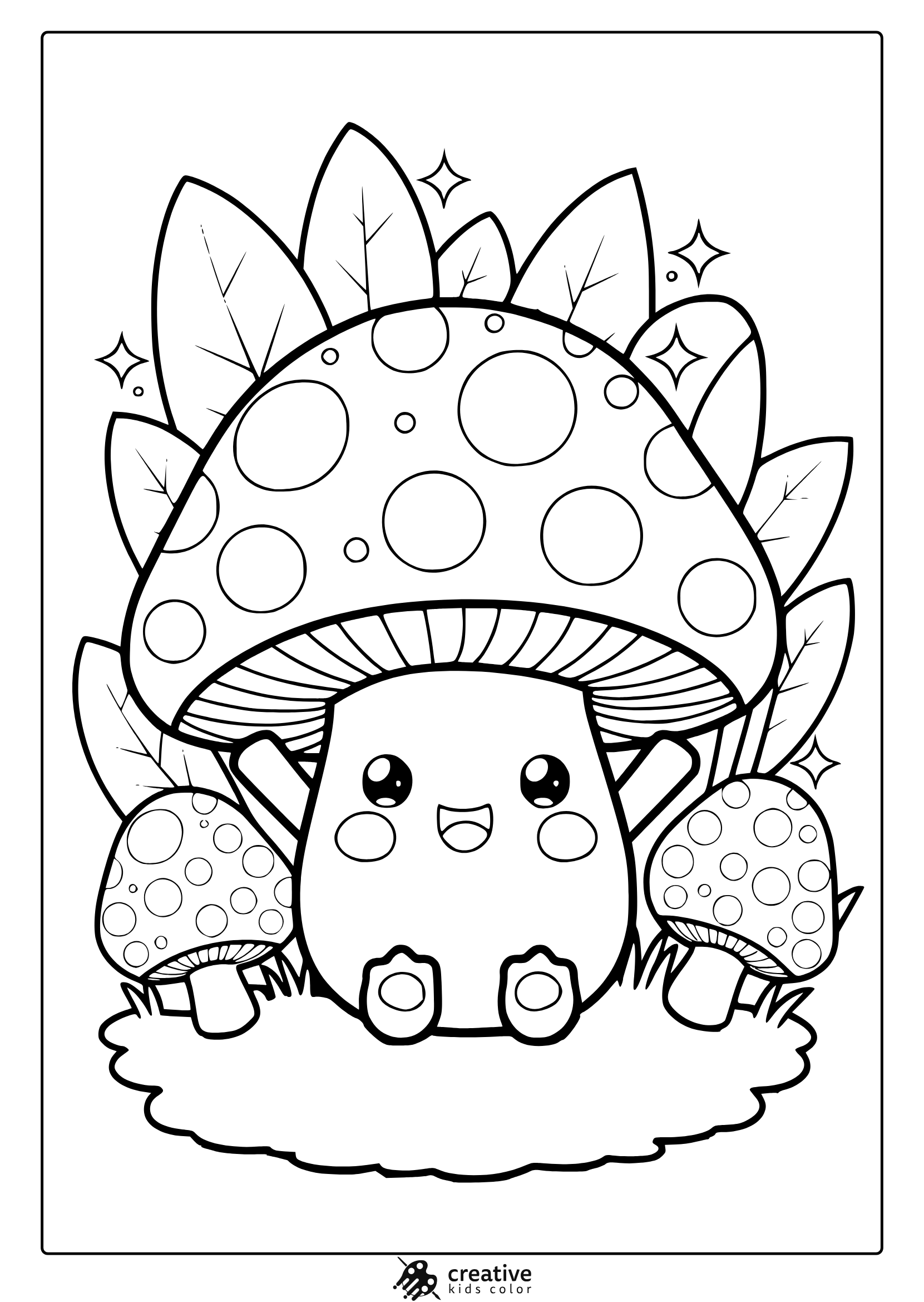 Kawaii Mushroom Coloring Page Featuring A Happy Mushroom Character With Big Eyes, Surrounded By Smaller Mushrooms And Plants For A Cute Look.