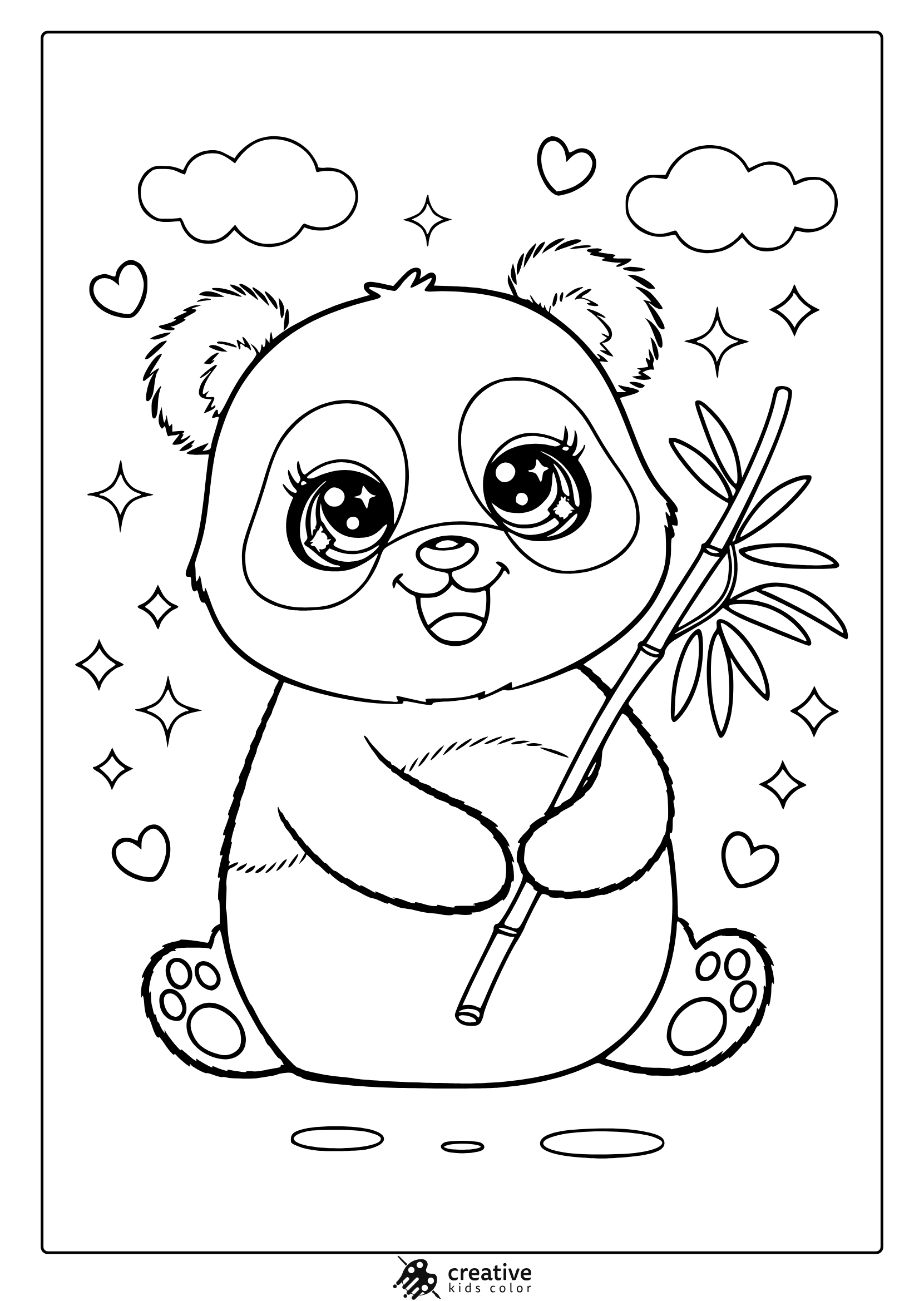 Kawaii Panda Coloring Page Featuring A Cute Panda With Bamboo, Sitting Among Clouds And Stars For A Relaxing Coloring Activity.